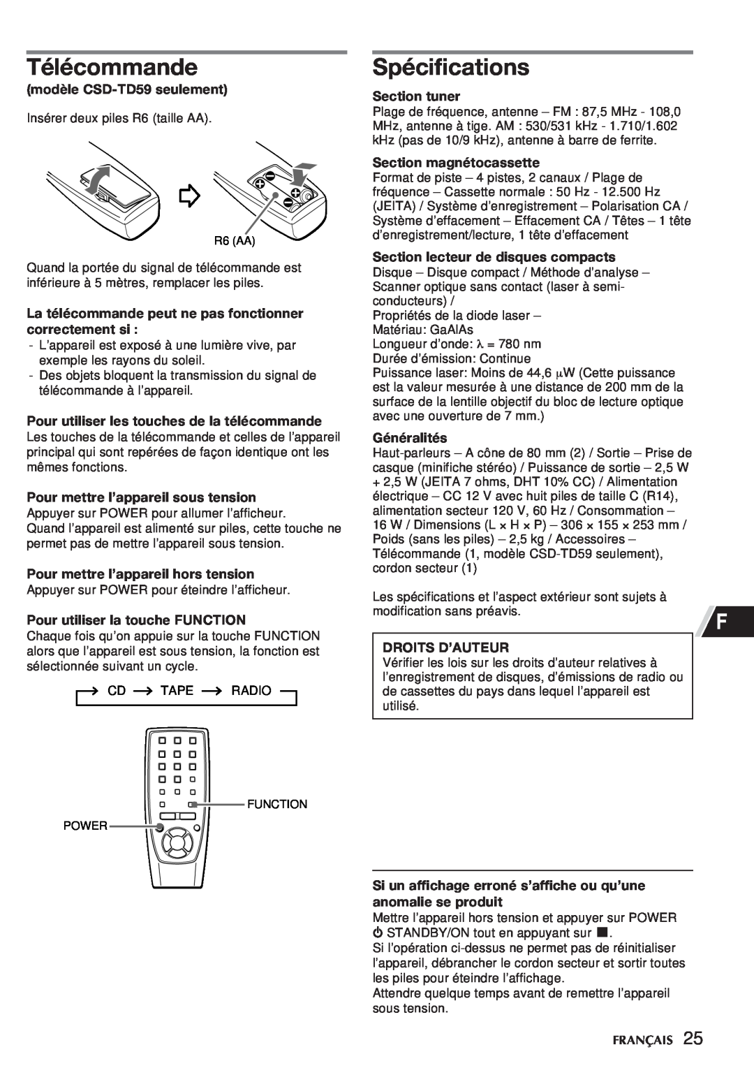 Aiwa CSD-TD55 manual Télécommande, Spécifications, modèle CSD-TD59 seulement, Pour utiliser les touches de la télécommande 