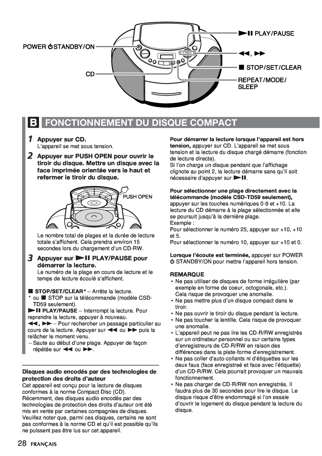 Aiwa CSD-TD59 manual B Fonctionnement Du Disque Compact, Appuyer sur CD, Appuyer sur e PLAY/PAUSE pour démarrer la lecture 
