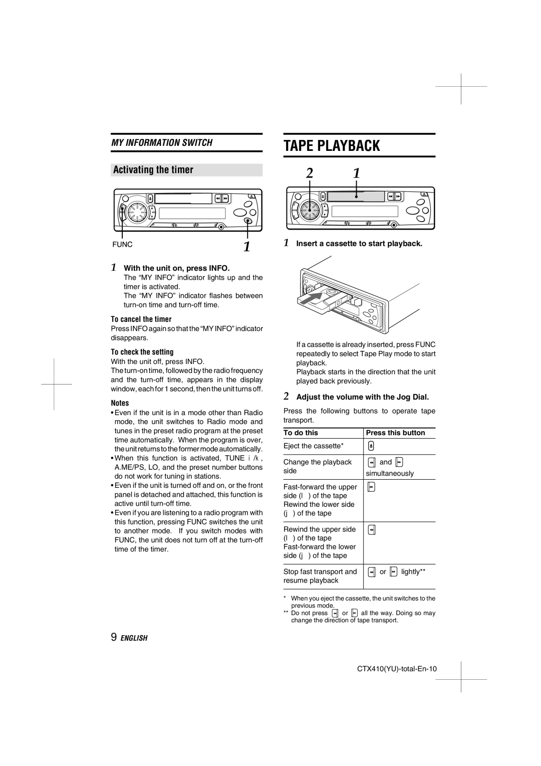 Aiwa CT-X410 YU operating instructions Tape Playback, Activating the timer 