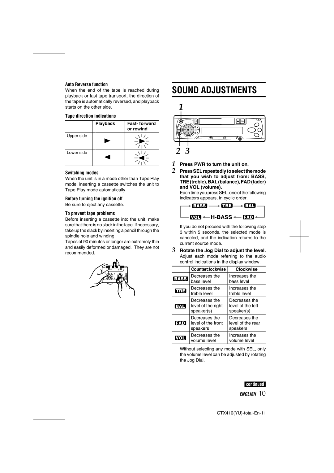 Aiwa CT-X410 YU operating instructions Sound Adjustments 