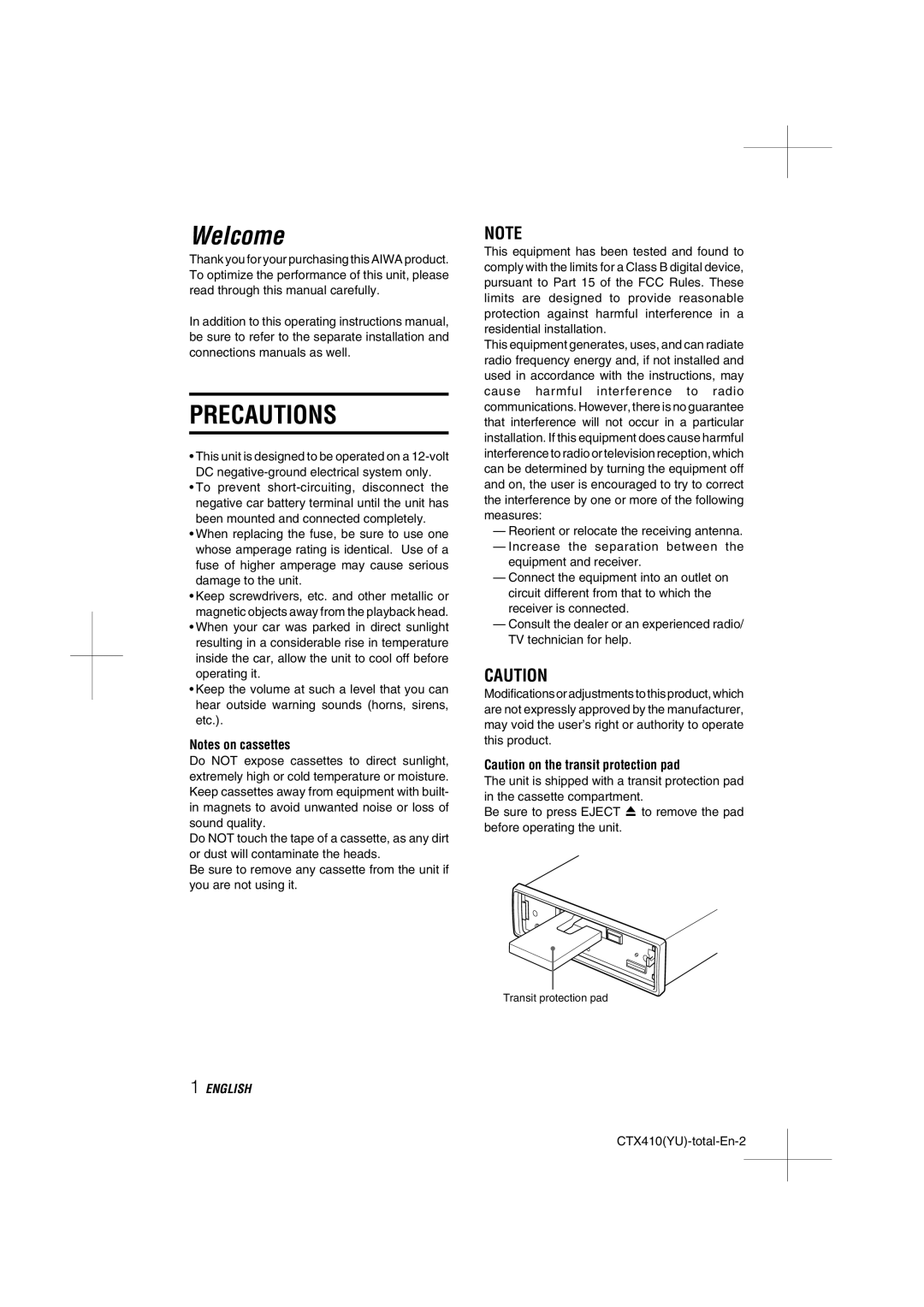 Aiwa CT-X410 YU operating instructions Welcome, Precautions 