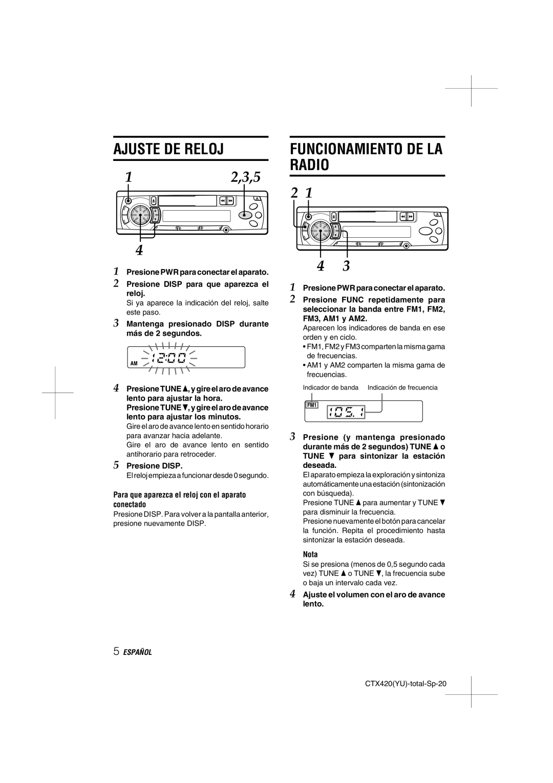 Aiwa CT-X410 YU operating instructions Ajuste DE Reloj, Funcionamiento DE LA Radio 