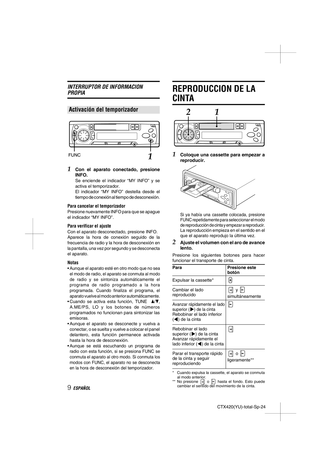 Aiwa CT-X410 YU operating instructions Reproduccion DE LA Cinta, Activación del temporizador 