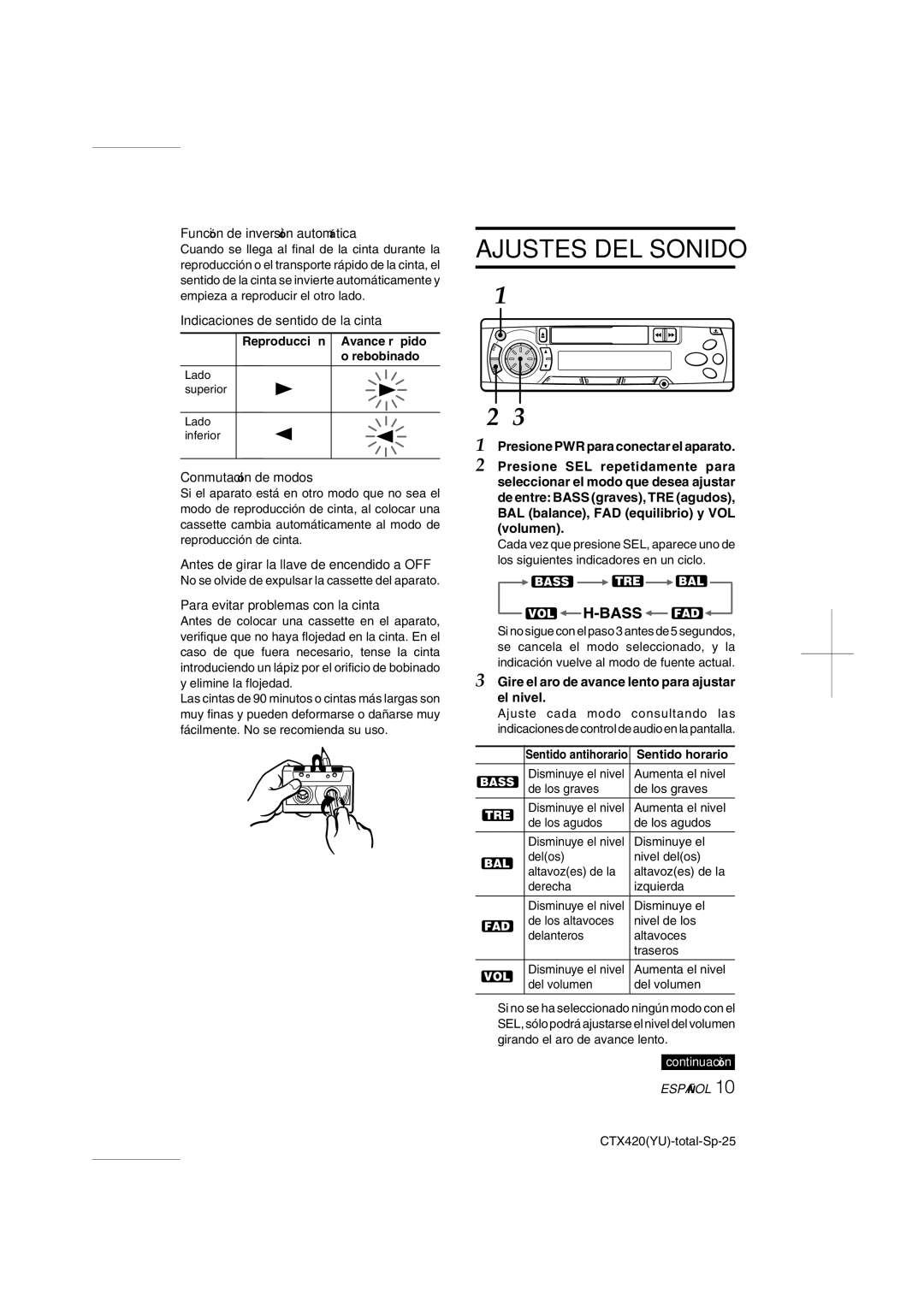 Aiwa CT-X410 YU operating instructions Ajustes DEL Sonido 