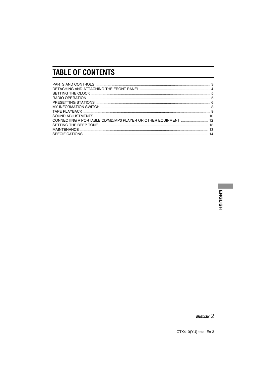 Aiwa CT-X410 YU operating instructions Table of Contents 