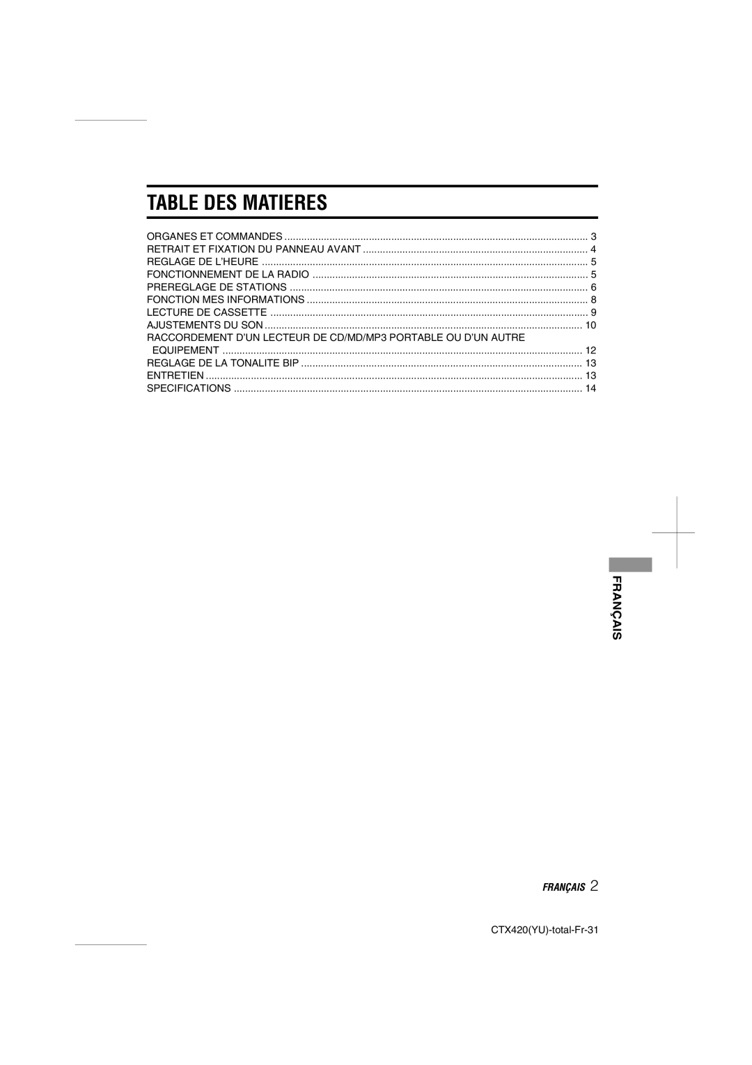 Aiwa CT-X410 YU operating instructions Table DES Matieres 