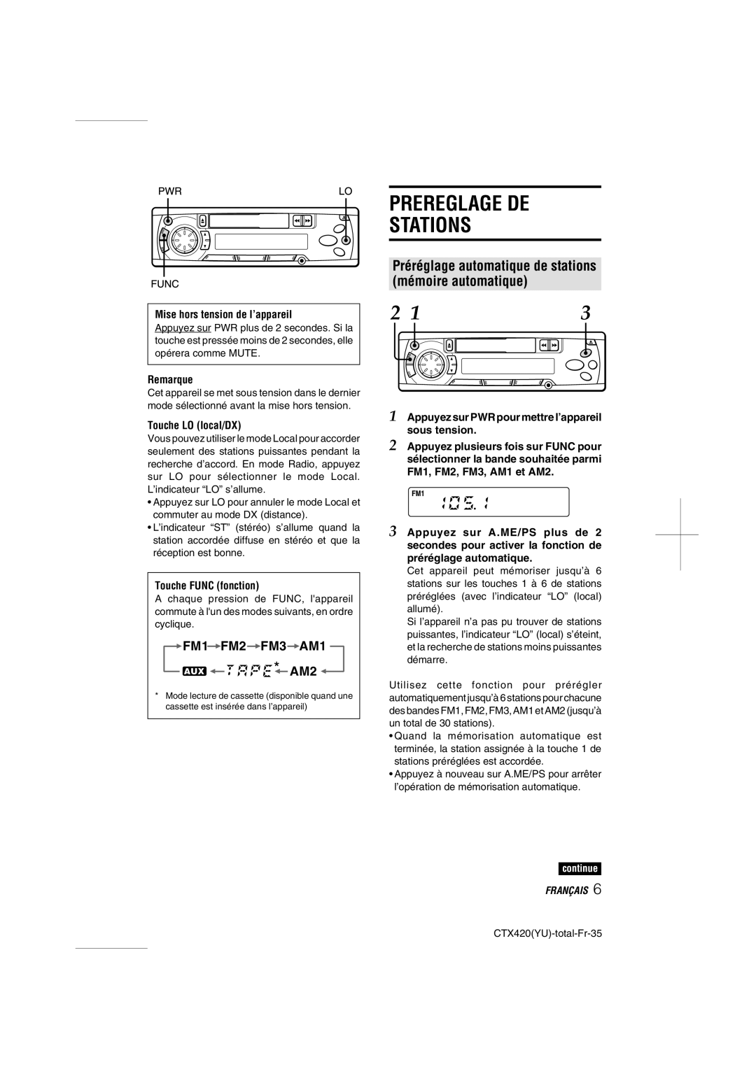 Aiwa CT-X410 YU Prereglage DE Stations, Préréglage automatique de stations Mémoire automatique, Touche LO local/DX 