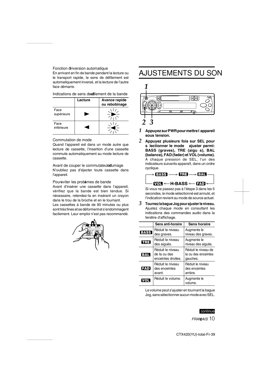 Aiwa CT-X410 YU operating instructions Ajustements DU SON 