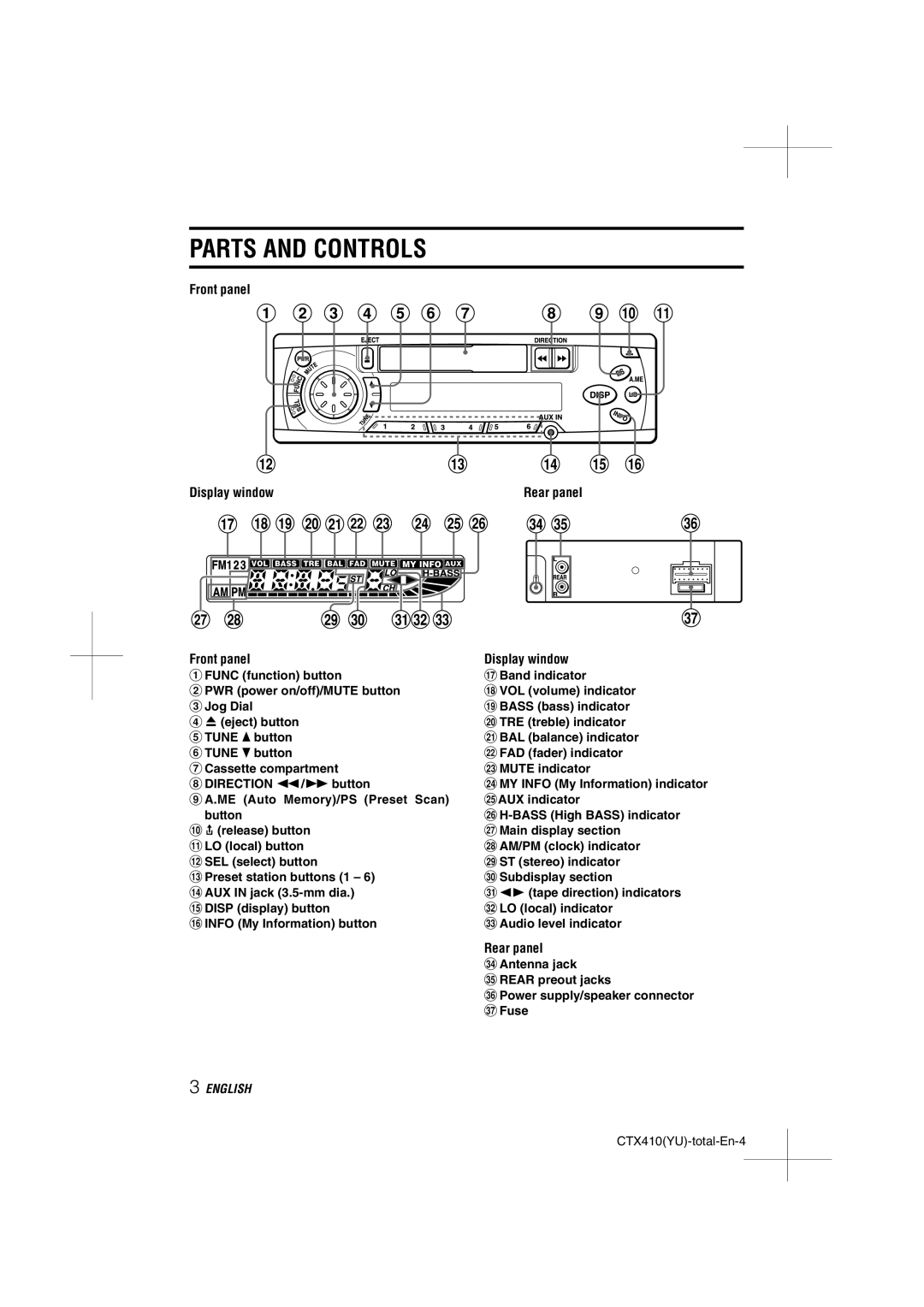 Aiwa CT-X410 YU operating instructions Parts and Controls, Front panel Display window 