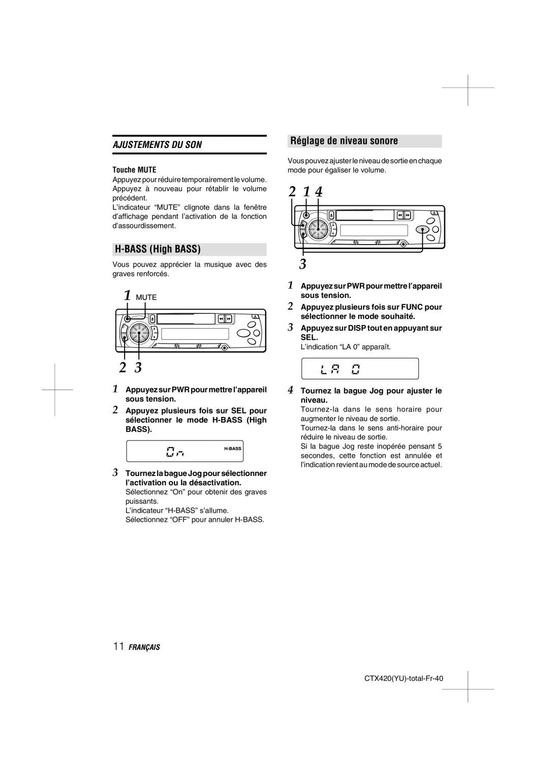 Aiwa CT-X410 YU operating instructions Réglage de niveau sonore, Touche Mute 