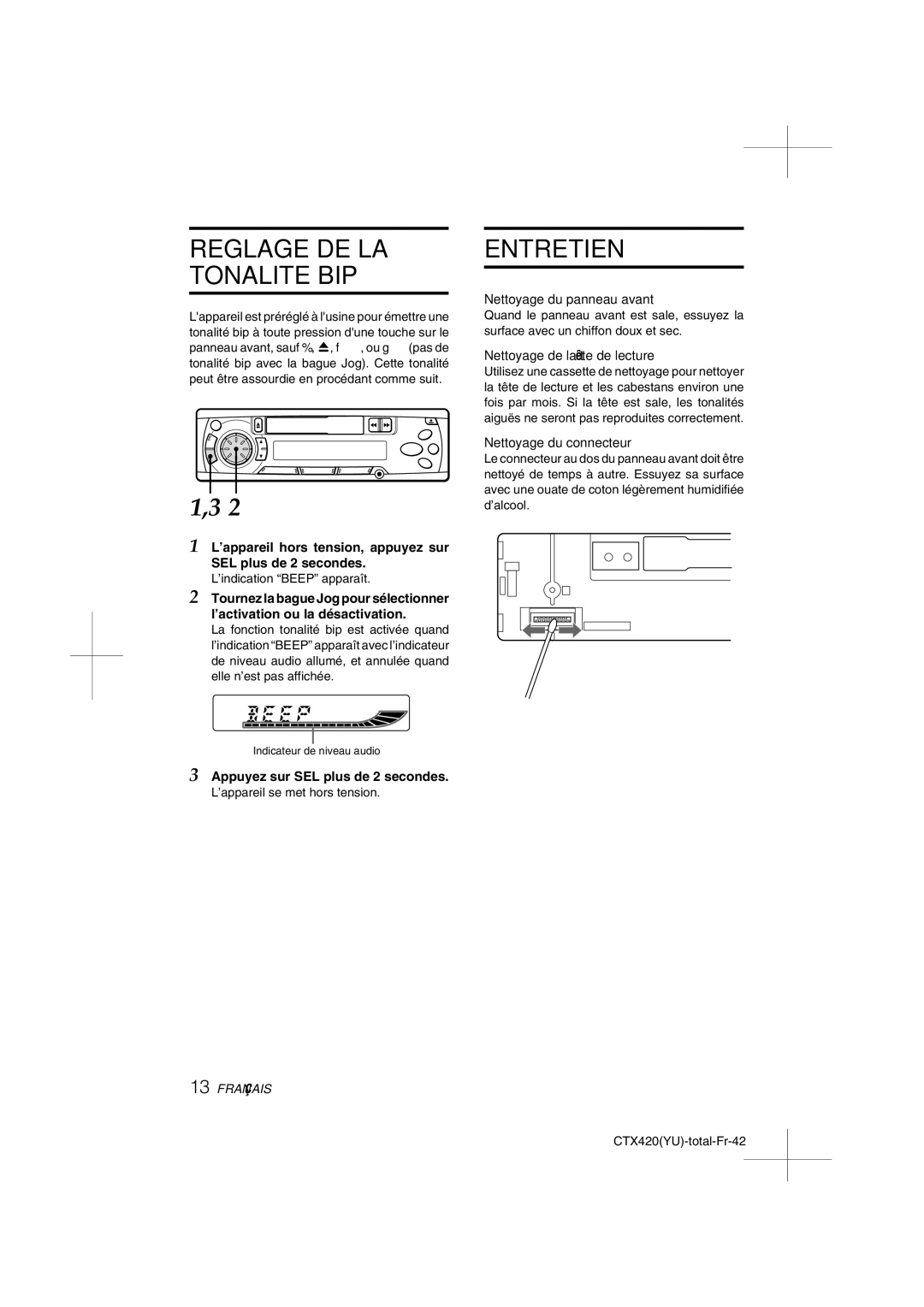 Aiwa CT-X410 YU operating instructions Reglage DE LA Tonalite BIP, Entretien 