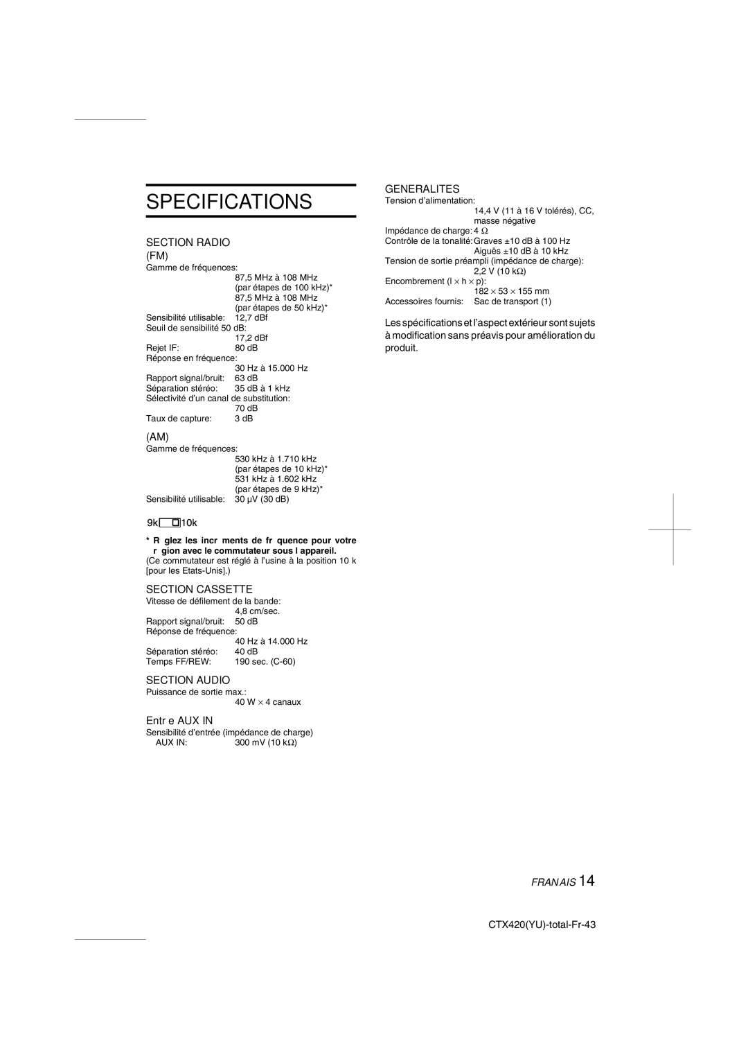 Aiwa CT-X410 YU operating instructions Section Audio Puissance de sortie max, Entrée AUX 