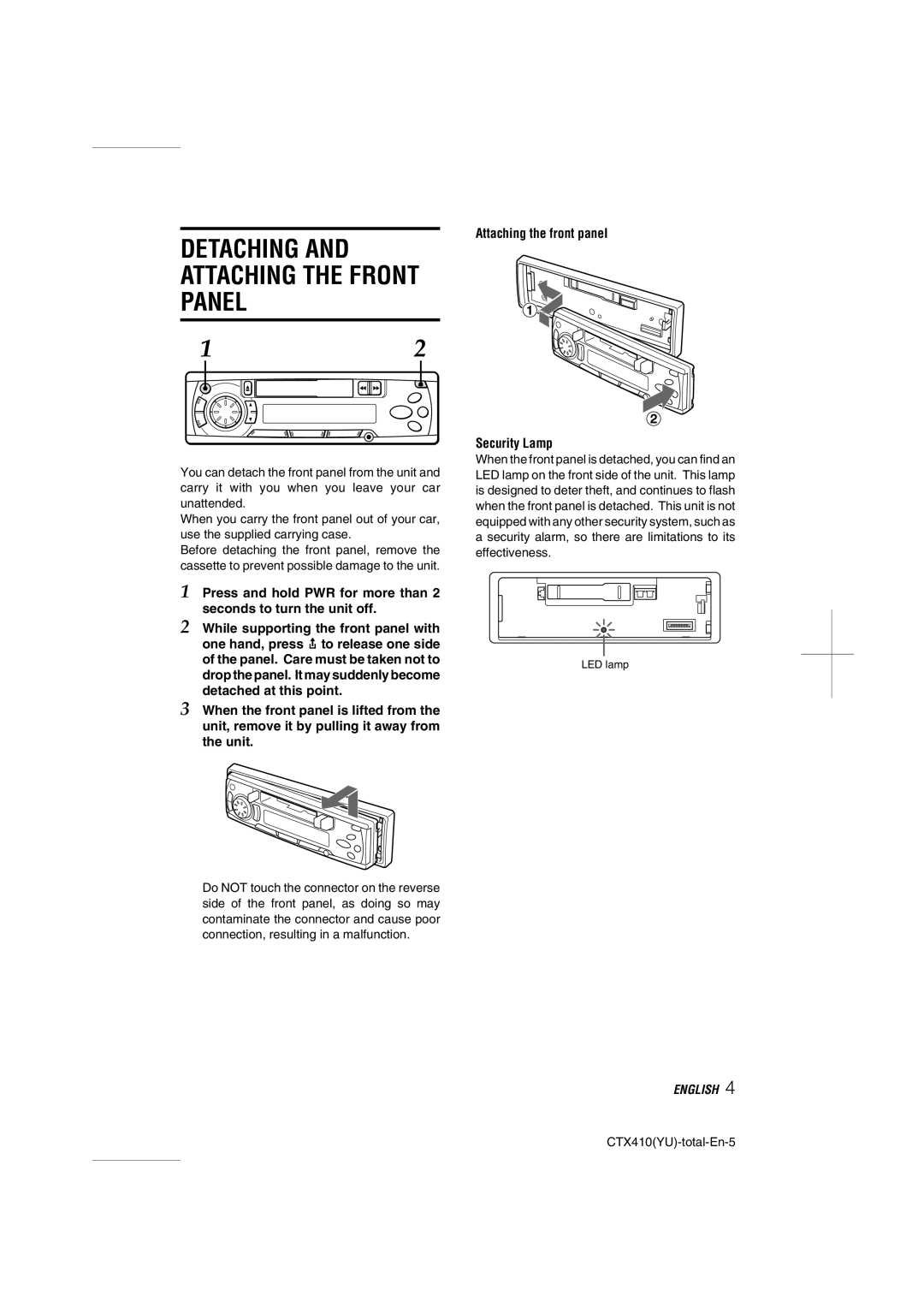 Aiwa CT-X410 YU operating instructions Detaching and Attaching the Front Panel, Attaching the front panel Security Lamp 