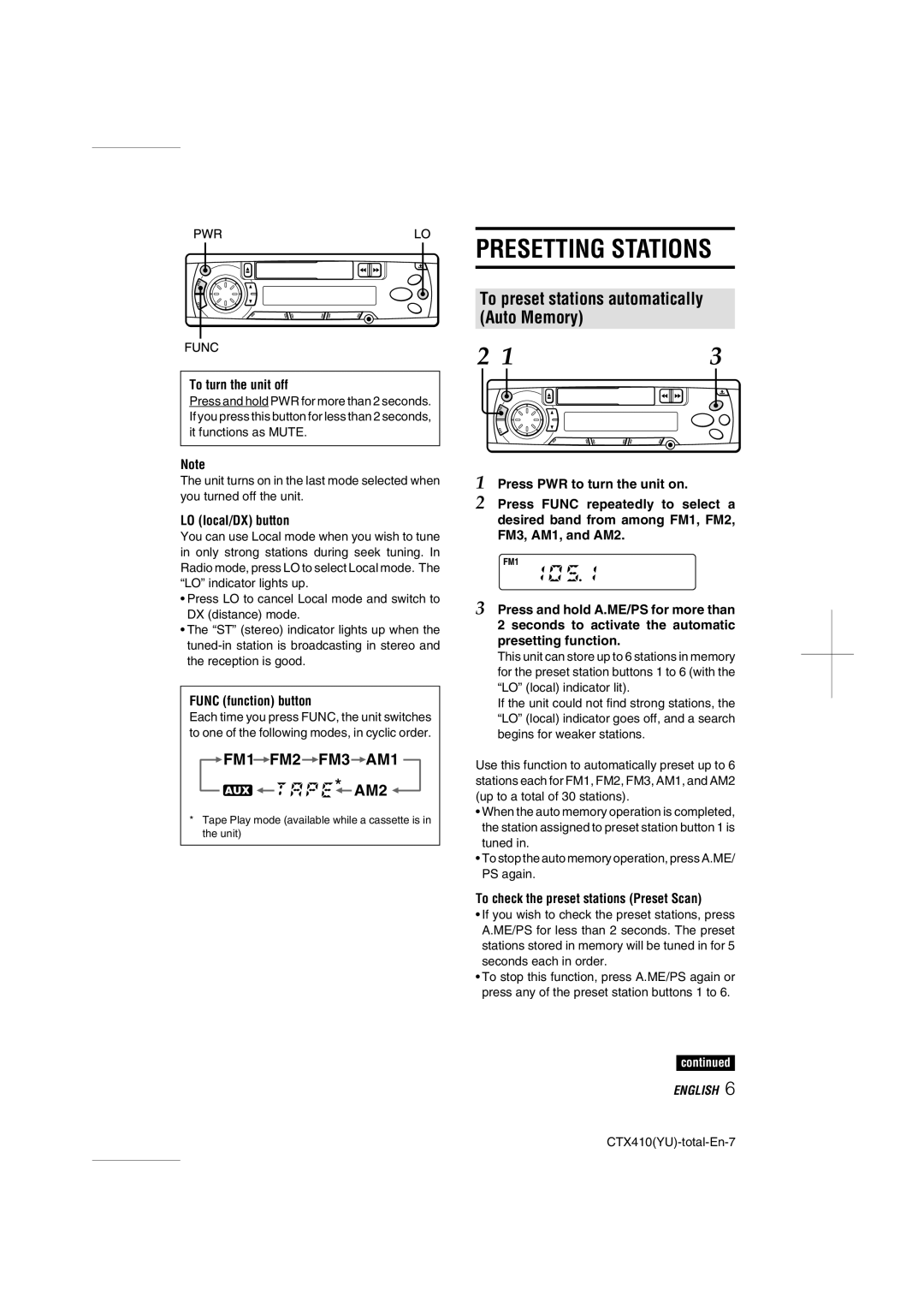 Aiwa CT-X410 YU operating instructions Presetting Stations, To preset stations automatically Auto Memory 