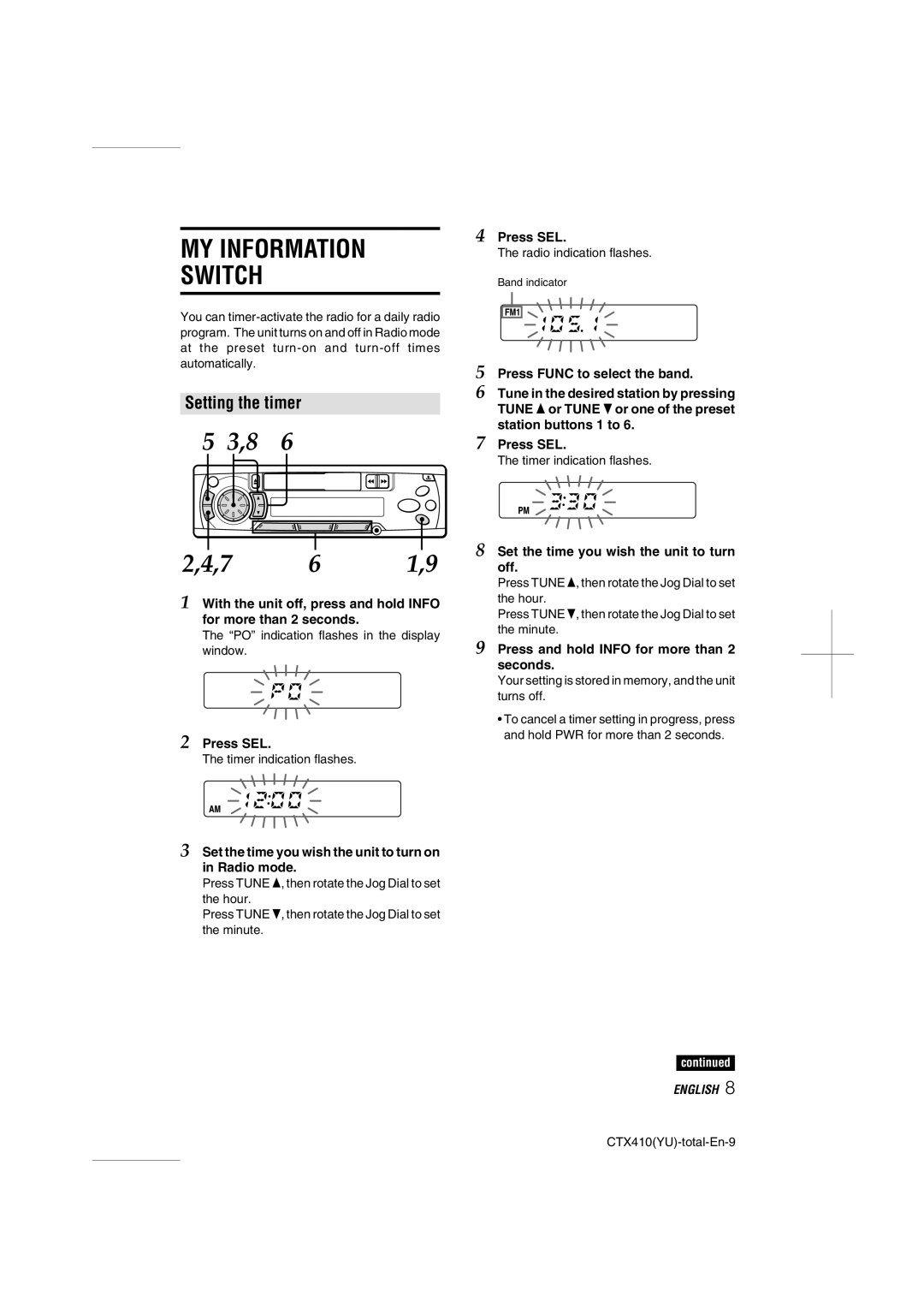 Aiwa CT-X410 YU operating instructions MY Information Switch, Setting the timer, Press SEL 