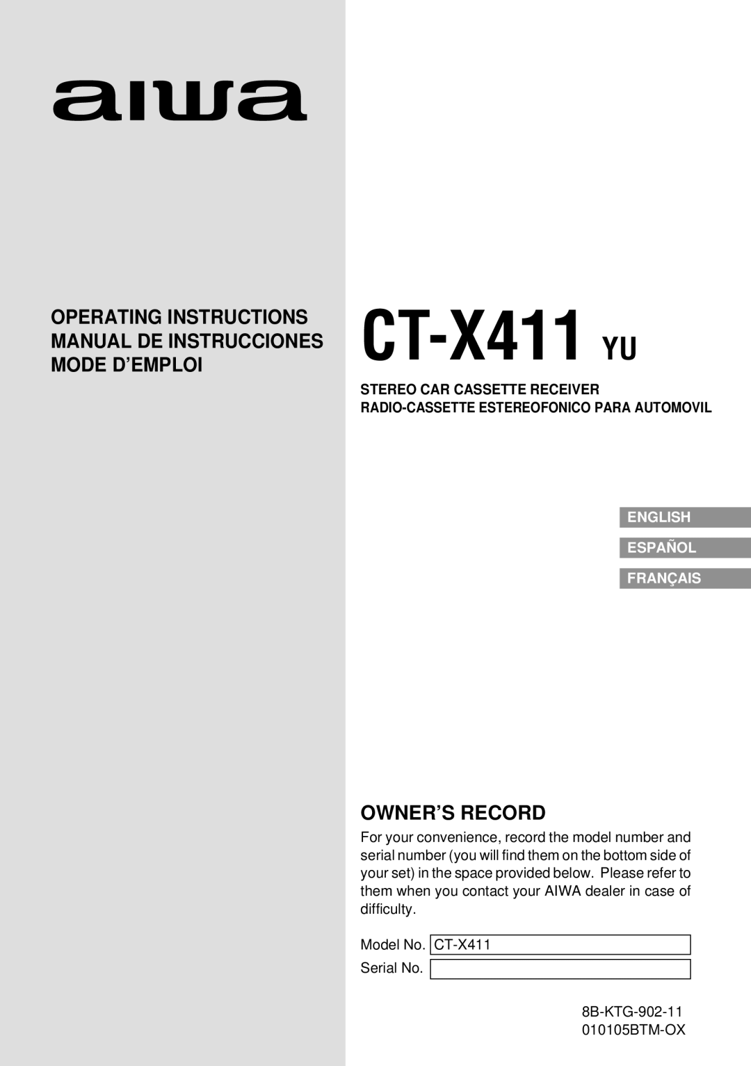 Aiwa CT-X411YU operating instructions CT-X411 YU 