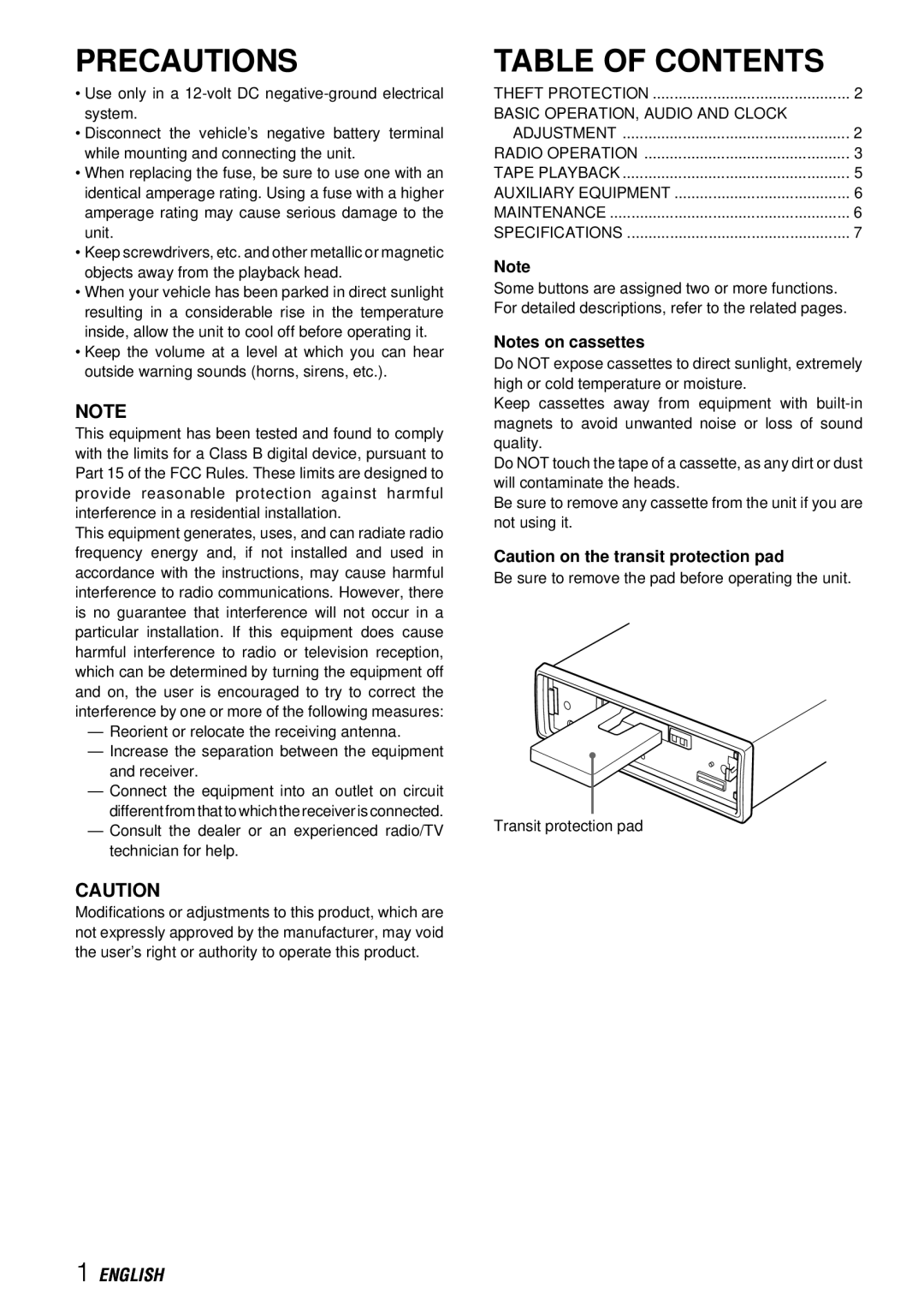 Aiwa CT-X411YU operating instructions Precautions, Table of Contents 