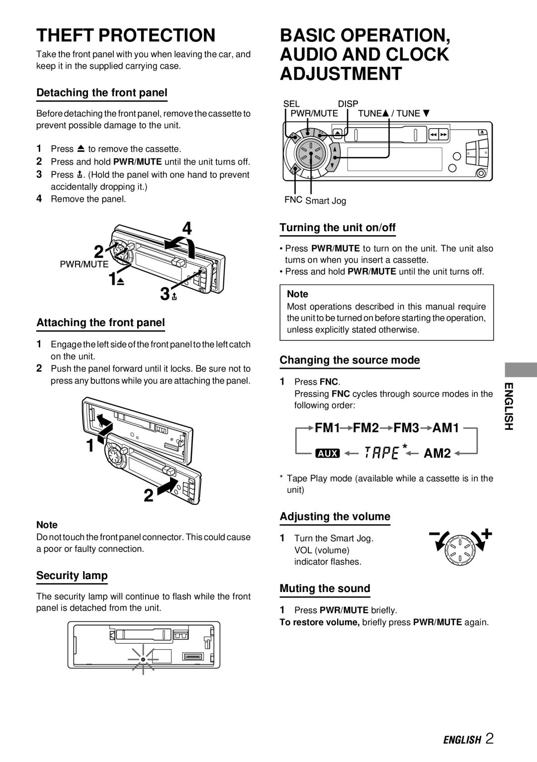 Aiwa CT-X411YU operating instructions Theft Protection, Basic OPERATION, Audio and Clock Adjustment 