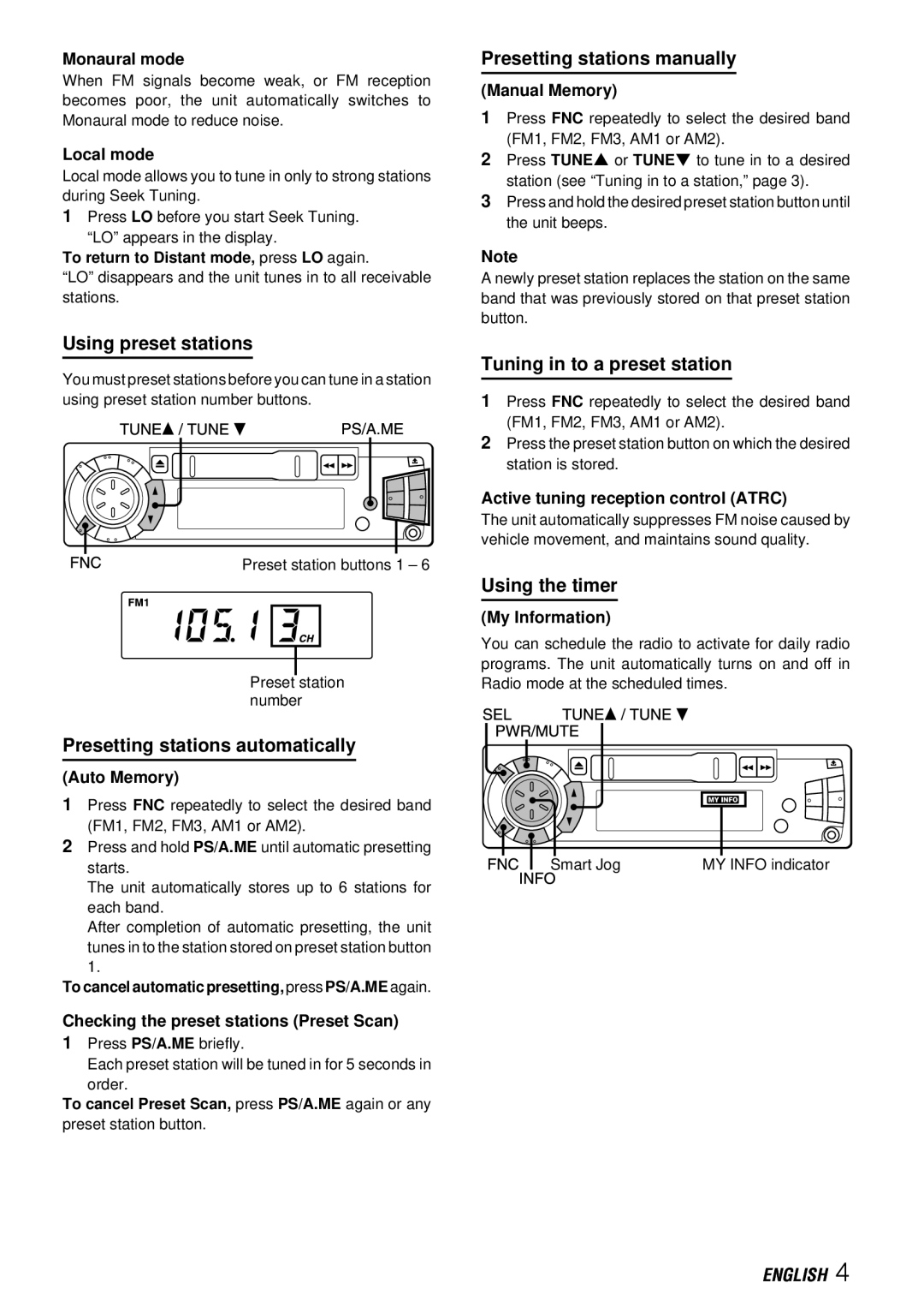 Aiwa CT-X411YU Using preset stations, Presetting stations automatically, Presetting stations manually, Using the timer 