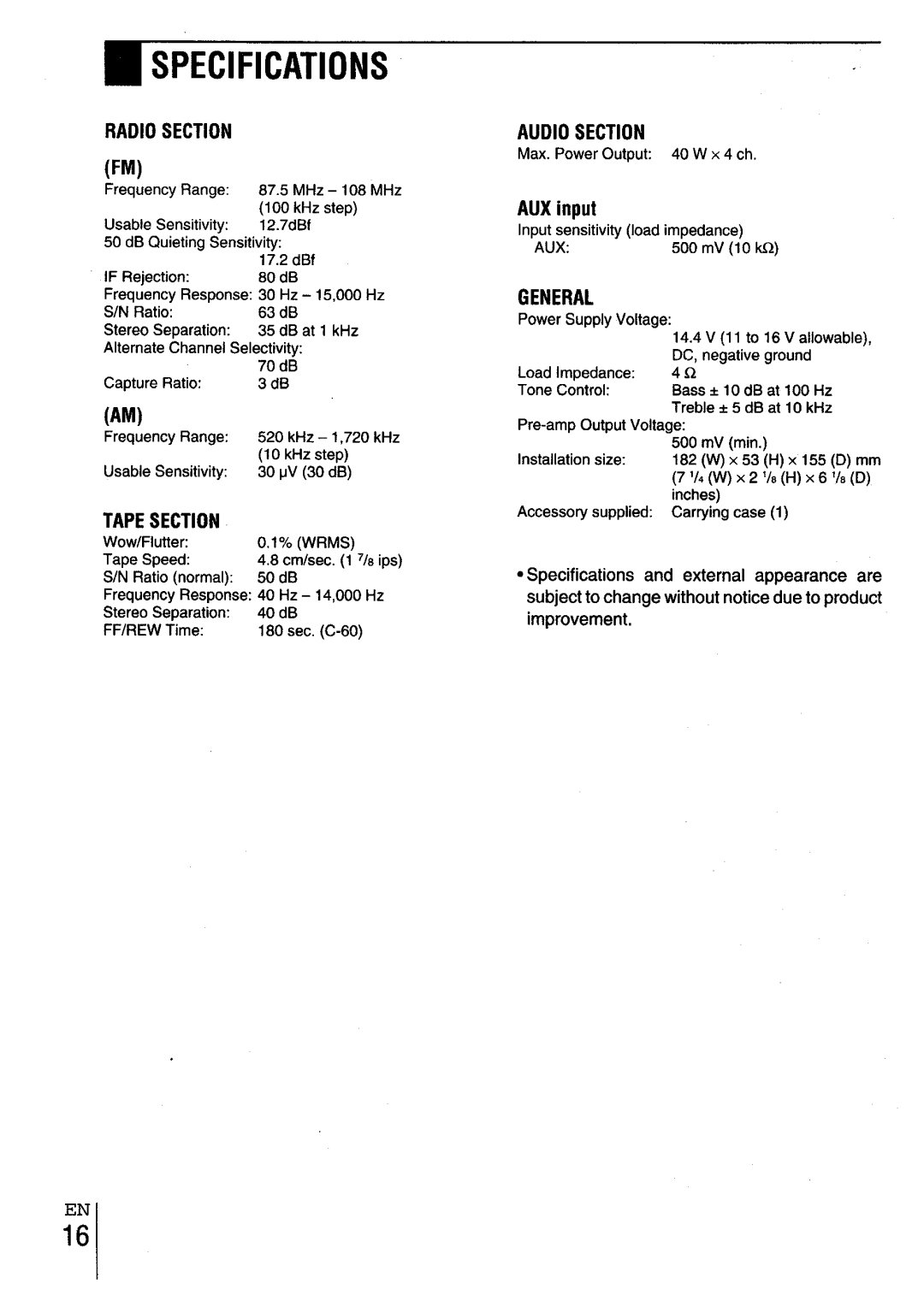 Aiwa CT-X417 manual Specifications, AUX input 