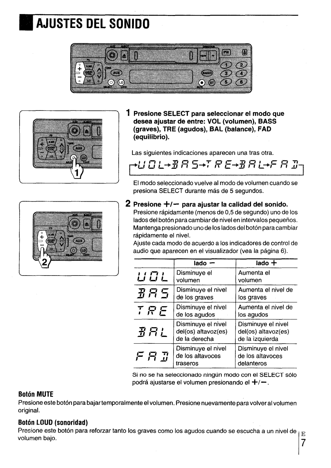 Aiwa CT-X417 ~ Ajustes DEL Sonido, Both Mute, Both LOUDsonoridad, Presione +/- para ajustar la calidad del sonido, Iado 