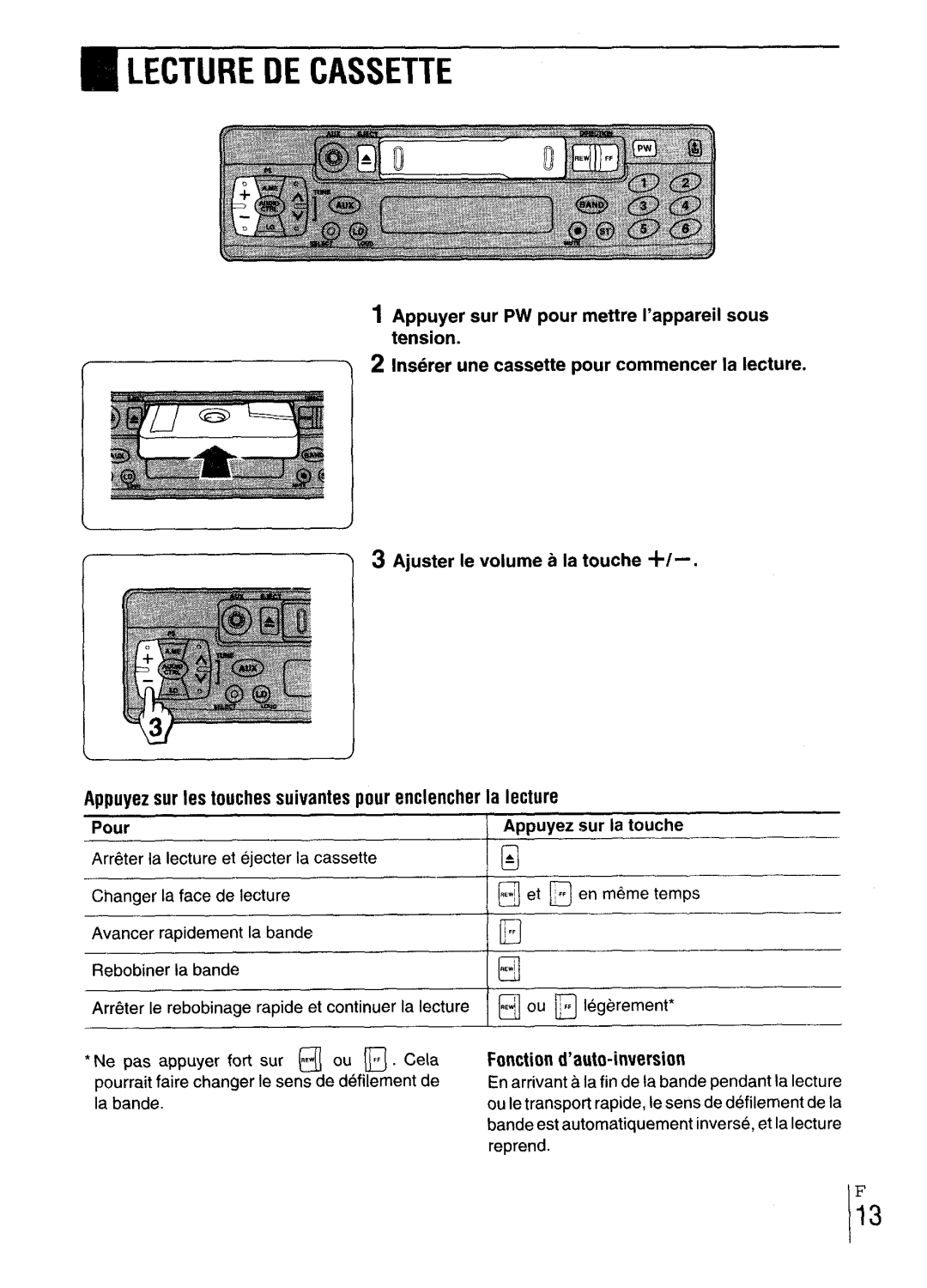 Aiwa CT-X417 manual ~Lecturedecassette, Fonctiond’auto-inversion 