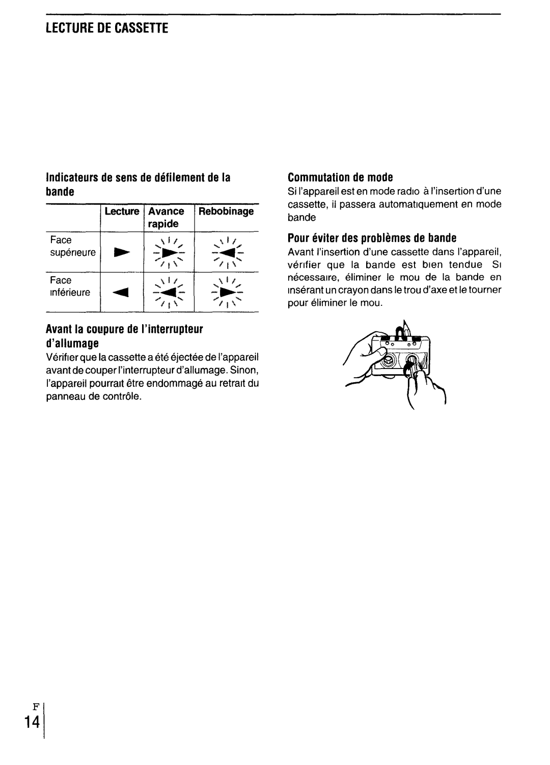 Aiwa CT-X417 manual Lecture DE Cassette, Commutation de mode, Pour eviter des problemes de bande 