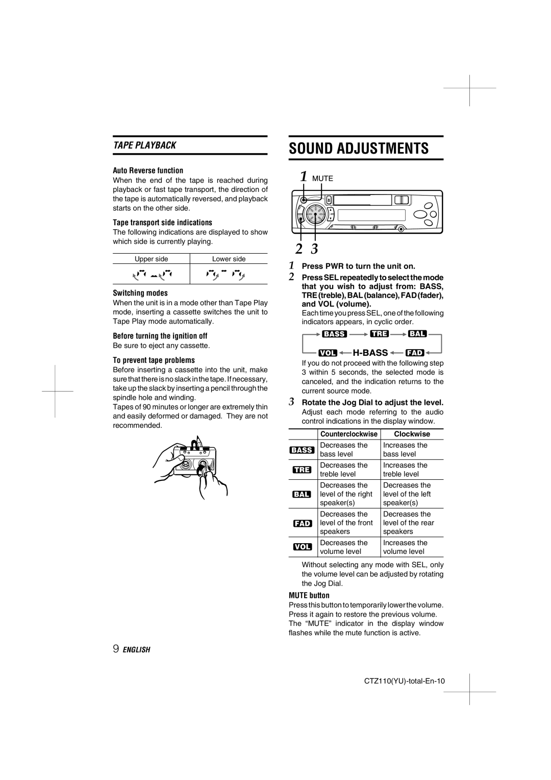 Aiwa CT-Z110 operating instructions Sound Adjustments 