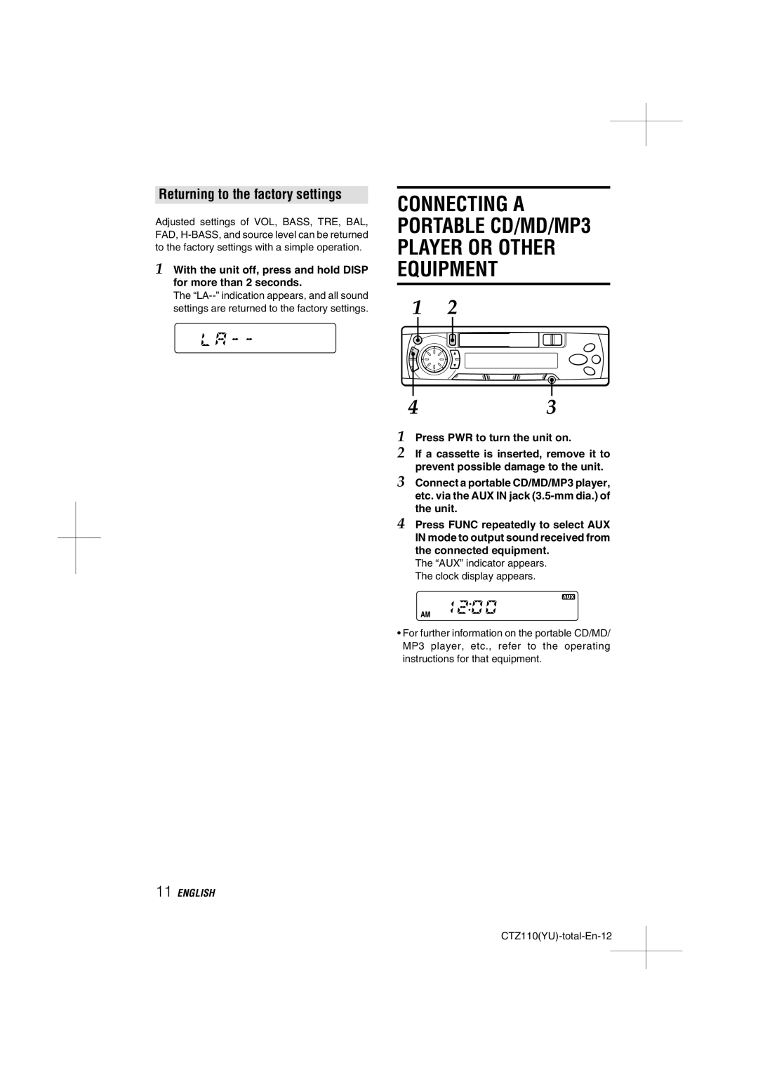 Aiwa CT-Z110 Connecting a Portable CD/MD/MP3 Player or Other Equipment, Returning to the factory settings 