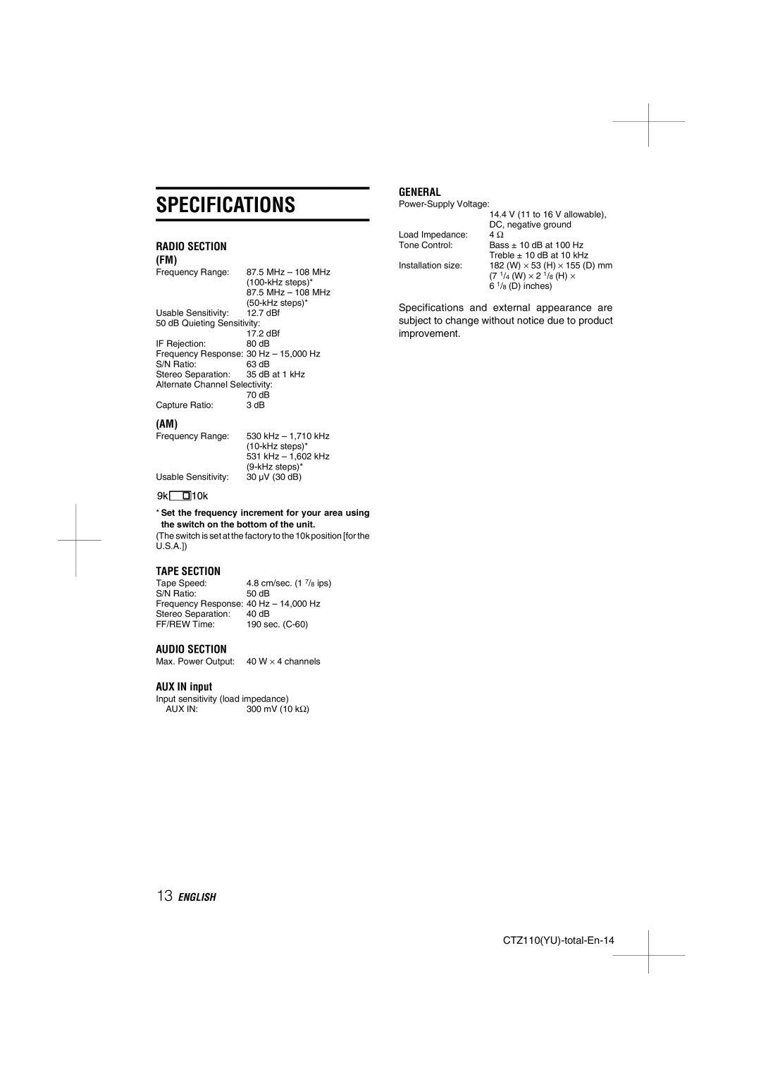 Aiwa CT-Z110 operating instructions Specifications, AUX in input 