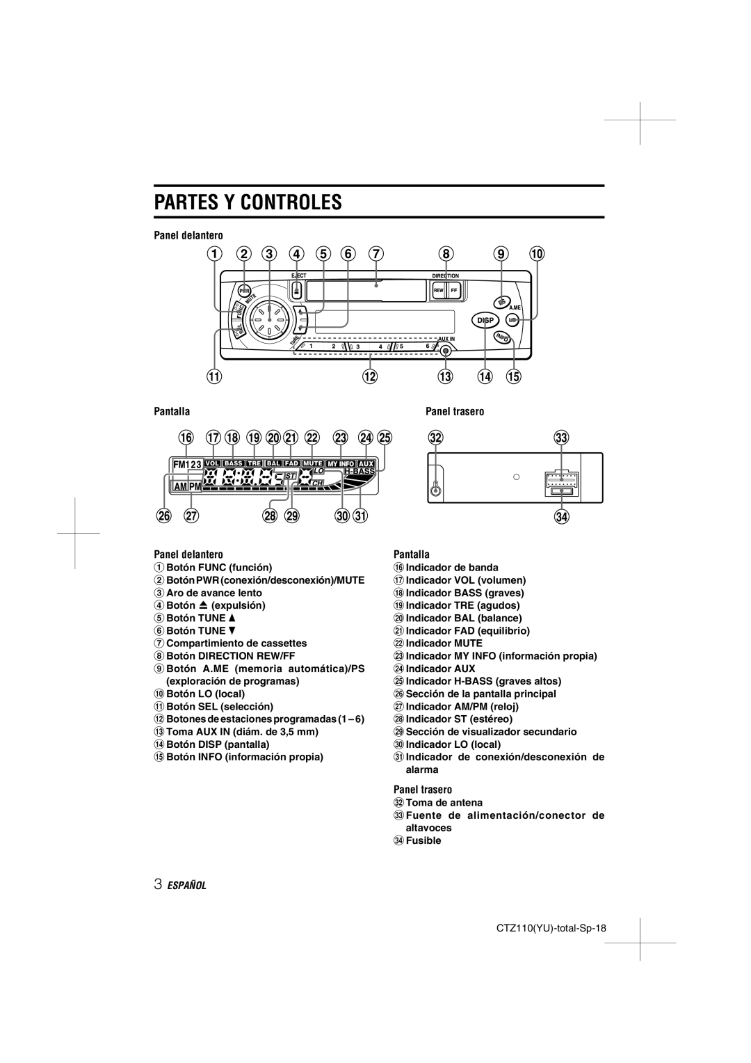 Aiwa CT-Z110 operating instructions Partes Y Controles, Panel delantero Pantalla 