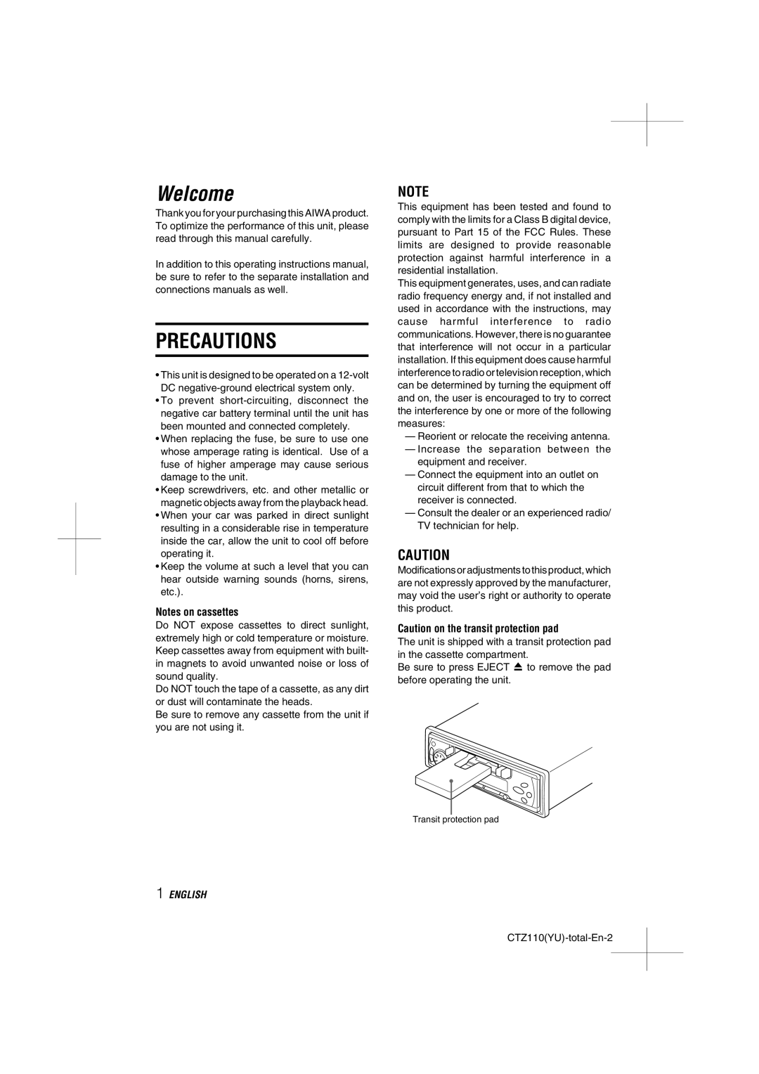 Aiwa CT-Z110 operating instructions Welcome, Precautions 