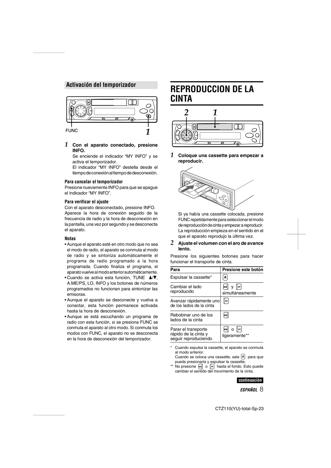 Aiwa CT-Z110 operating instructions Reproduccion DE LA Cinta, Activación del temporizador 