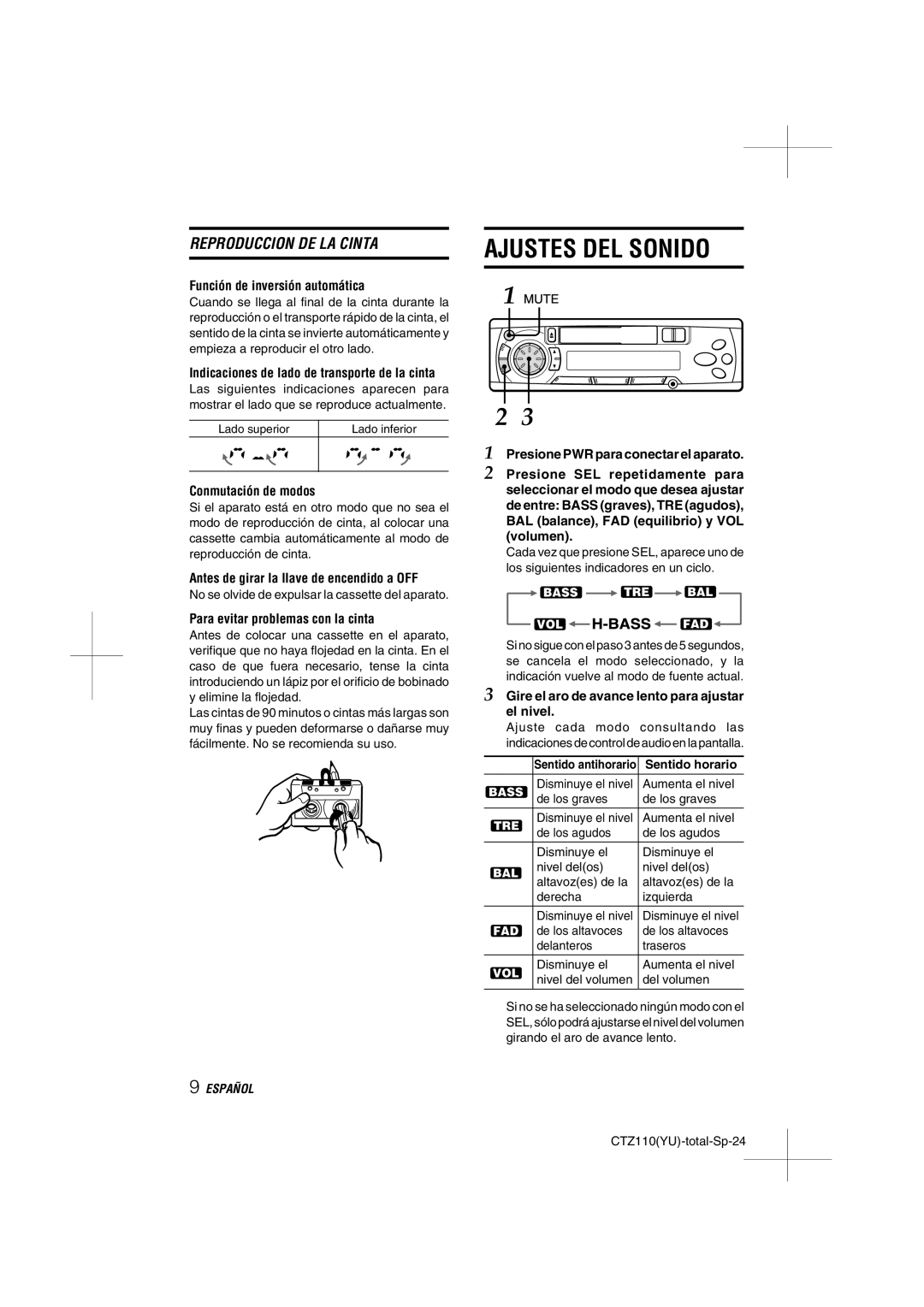 Aiwa CT-Z110 operating instructions Ajustes DEL Sonido 