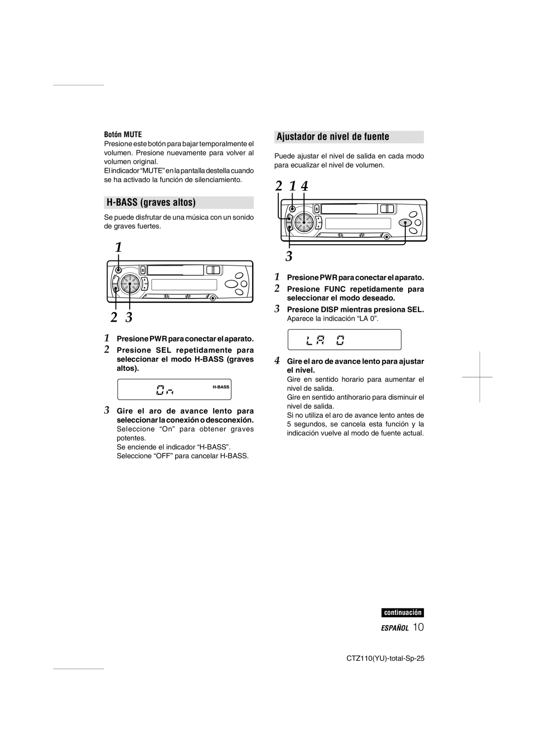 Aiwa CT-Z110 operating instructions Bass graves altos, Ajustador de nivel de fuente, Botón Mute 