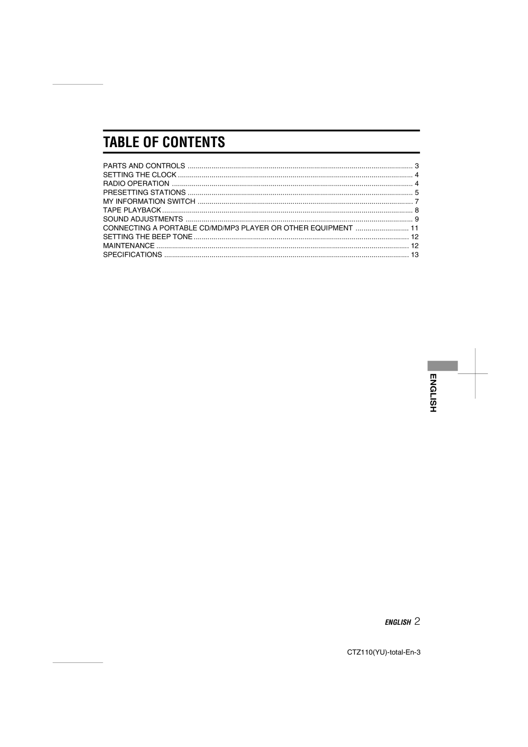 Aiwa CT-Z110 operating instructions Table of Contents 