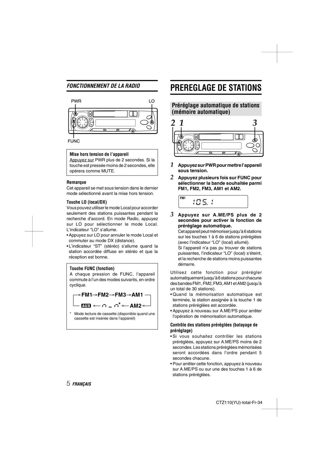 Aiwa CT-Z110 Préréglage automatique de stations Mémoire automatique, Mise hors tension de l’appareil, Touche LO local/DX 