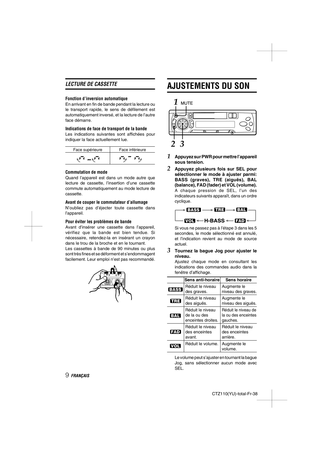 Aiwa CT-Z110 operating instructions Ajustements DU SON 