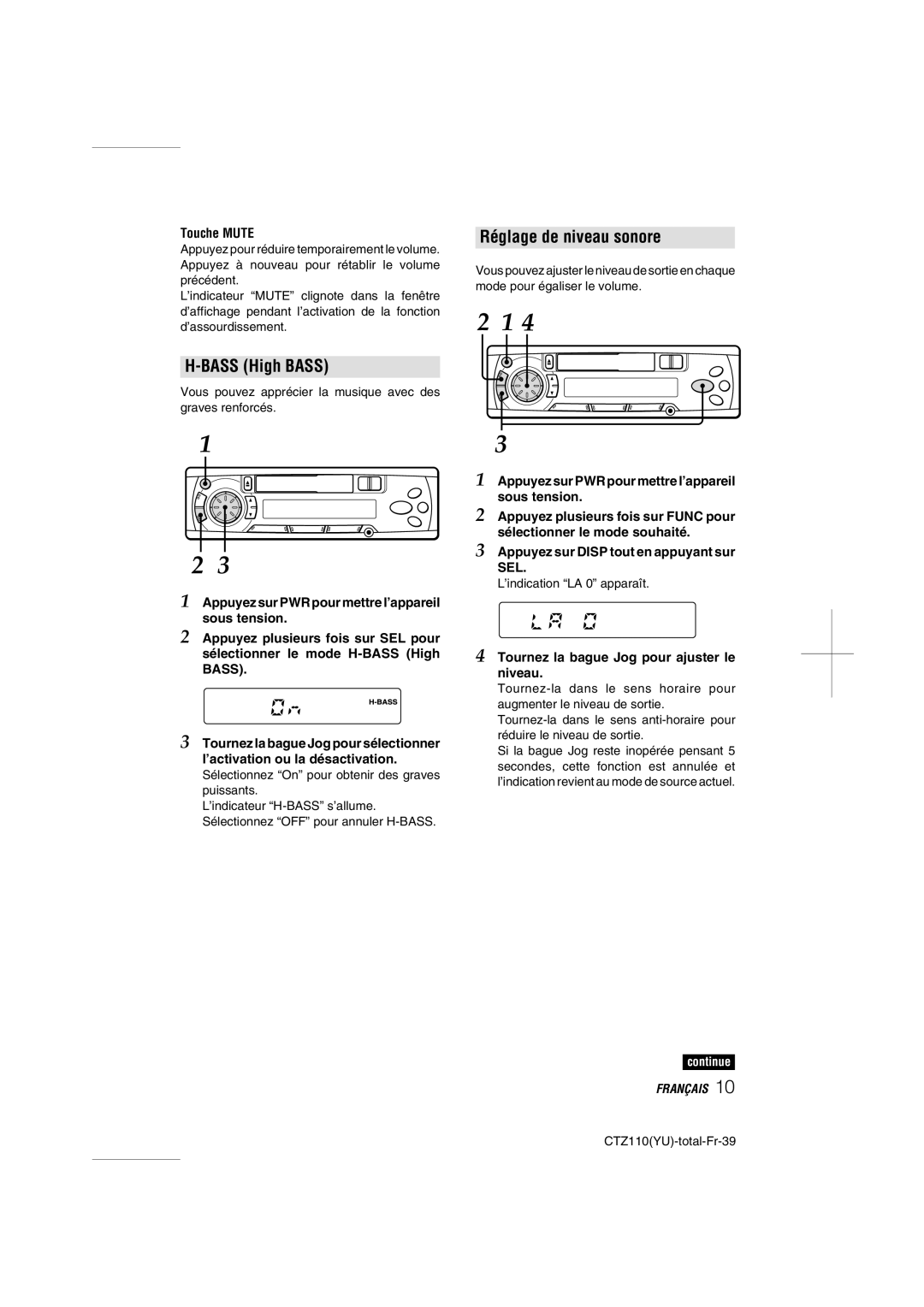 Aiwa CT-Z110 operating instructions Réglage de niveau sonore, Touche Mute 