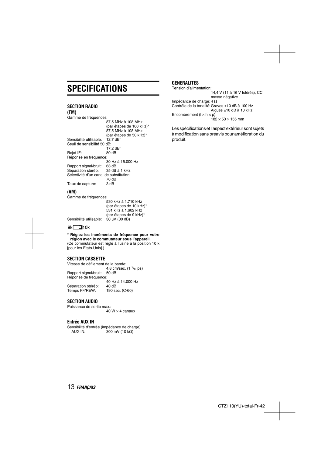 Aiwa CT-Z110 operating instructions Section Audio Puissance de sortie max, Entrée AUX 