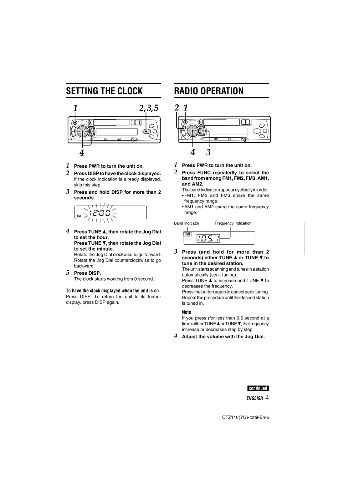 Aiwa CT-Z110 operating instructions Setting the Clock Radio Operation, Press Disp, Adjust the volume with the Jog Dial 