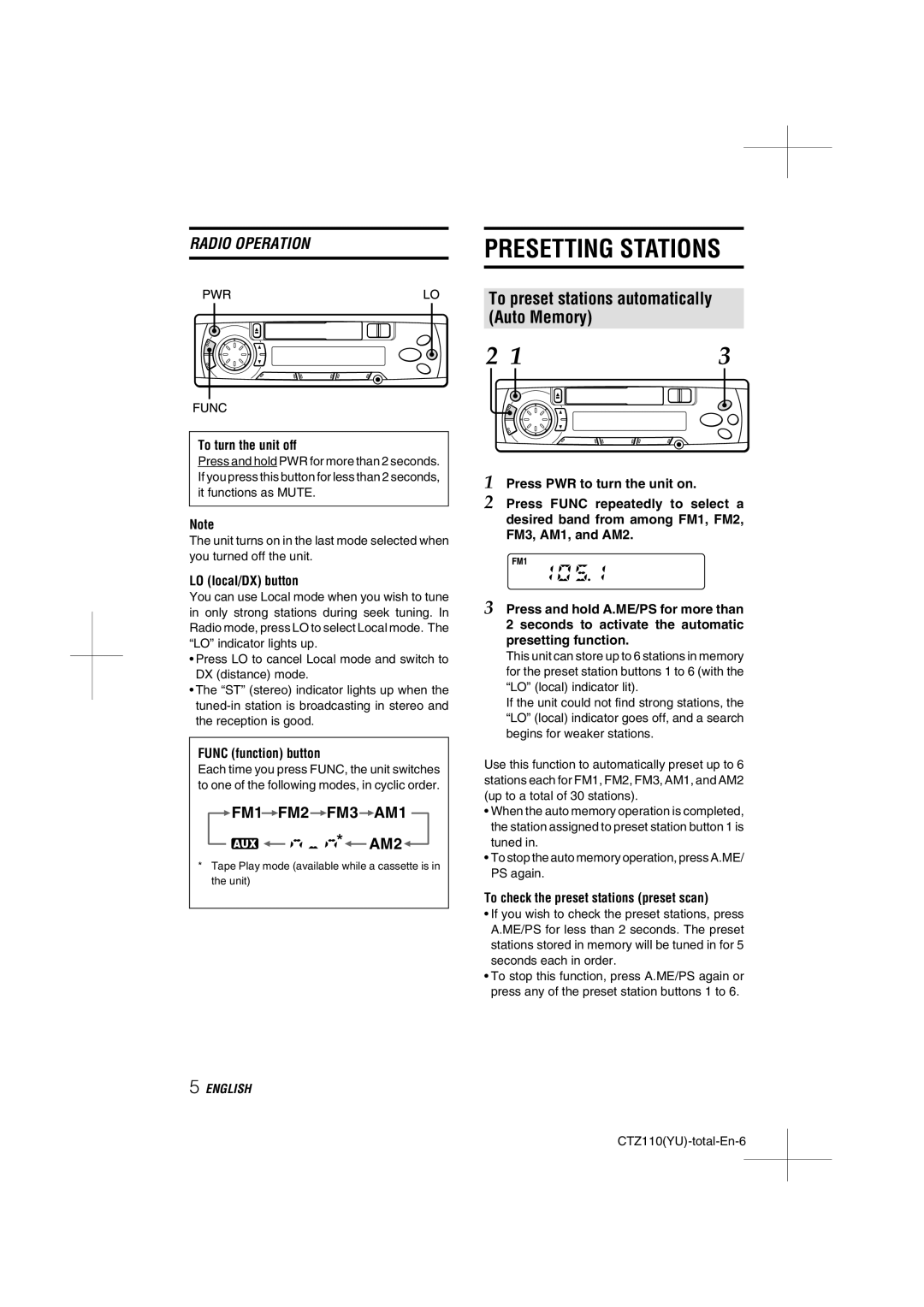 Aiwa CT-Z110 To preset stations automatically Auto Memory, To turn the unit off, LO local/DX button, Func function button 