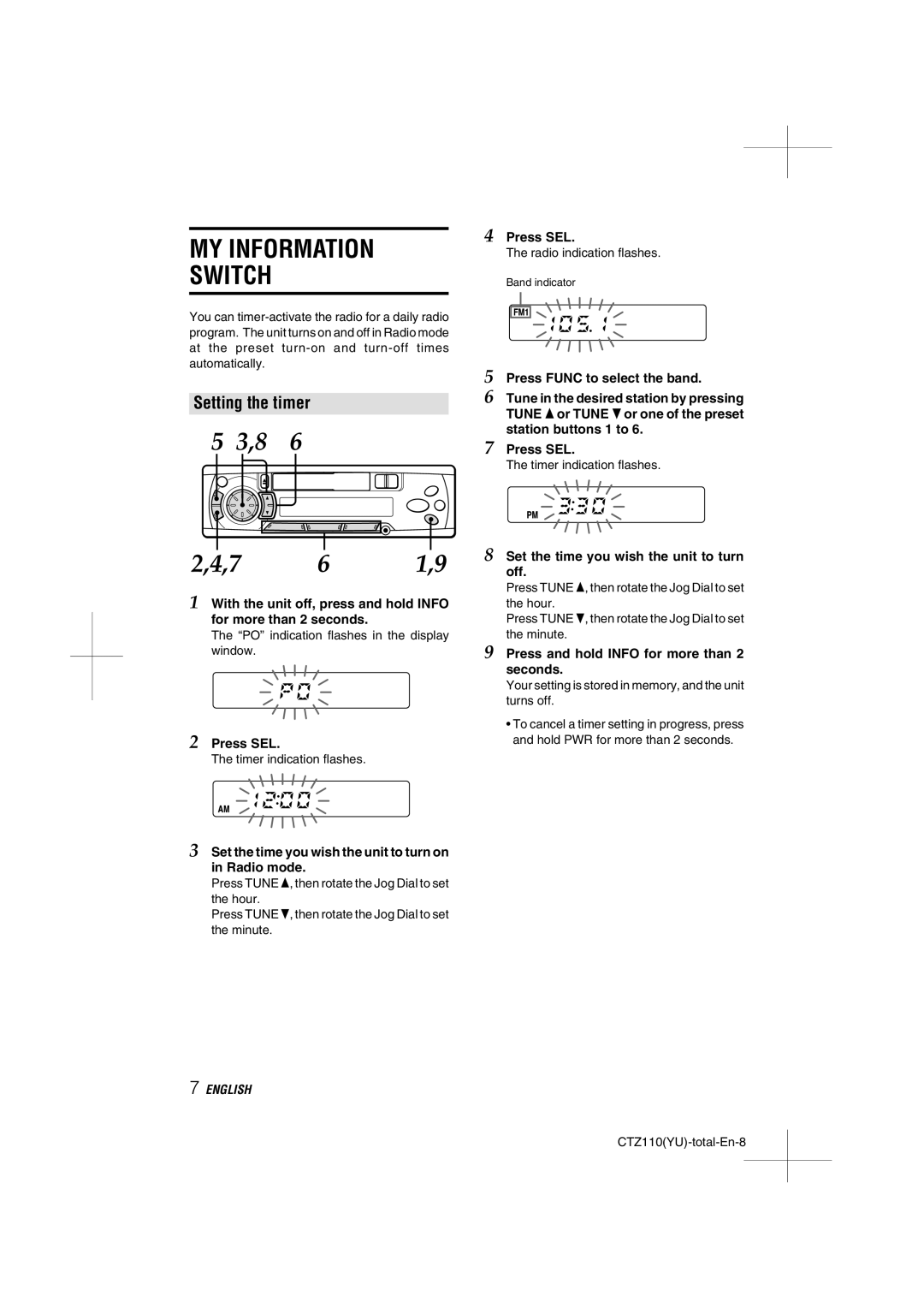 Aiwa CT-Z110 operating instructions Setting the timer, Press SEL, Set the time you wish the unit to turn off 