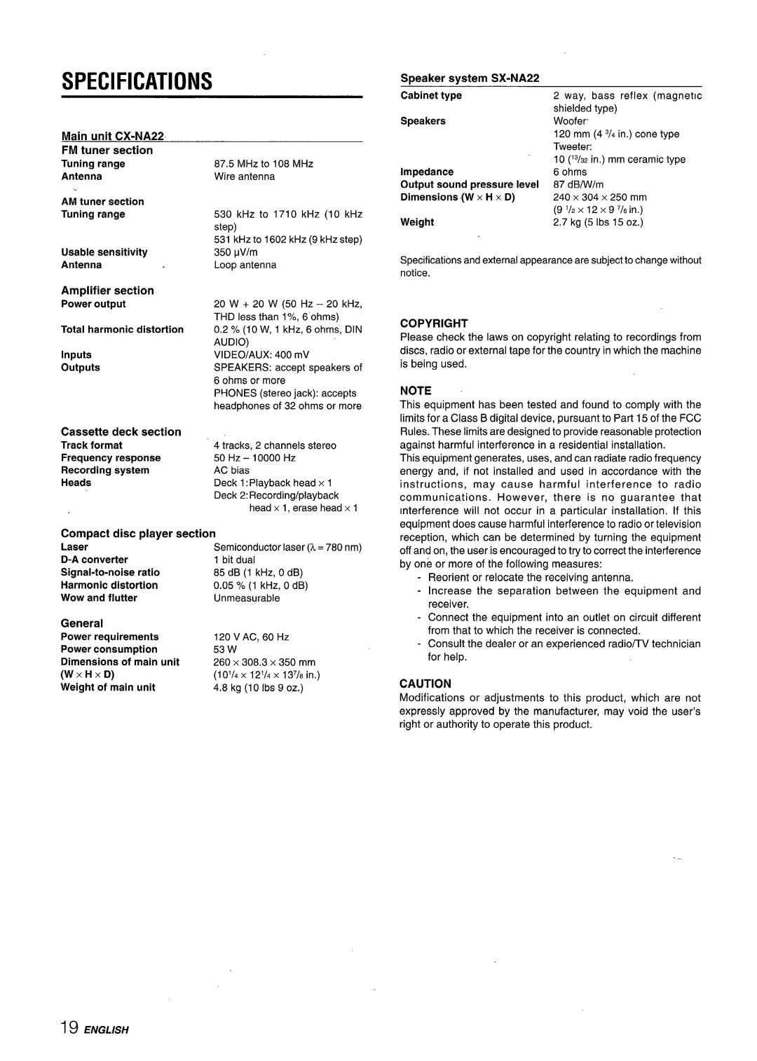 Aiwa CX-NA22 manual Specifications, Xhxd, Copyright 