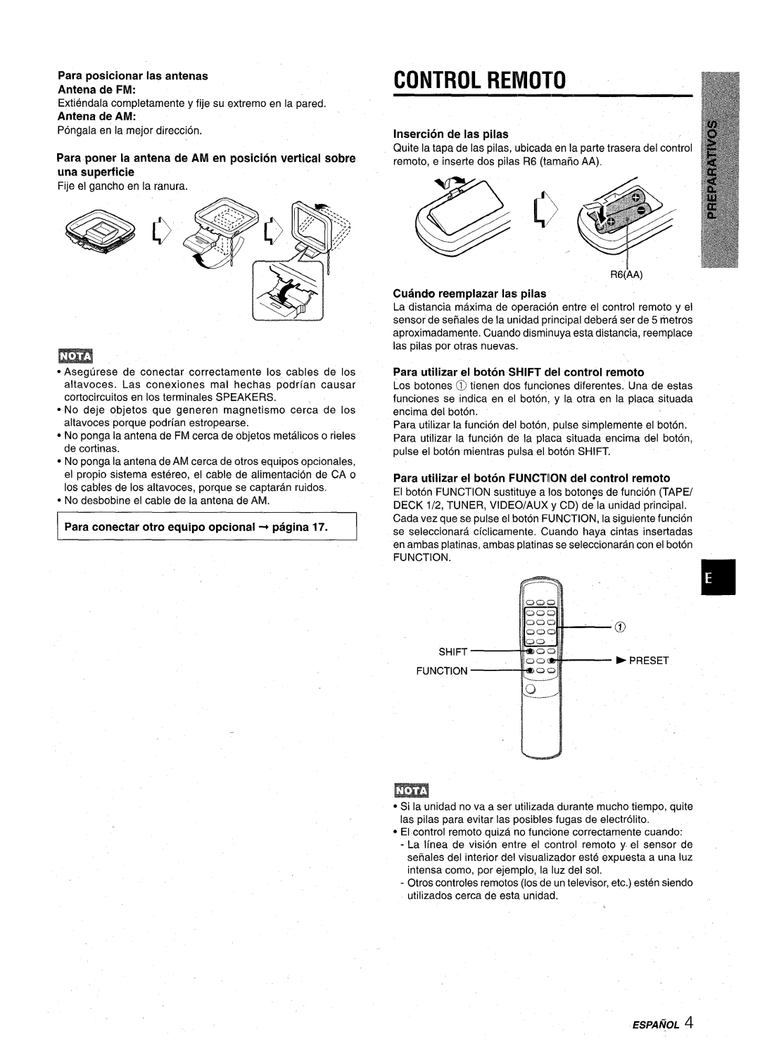 Aiwa CX-NA22 manual Control Reniioto, Para conectar otro equipo optional + pagina, Cuancfo reemplazar Ias pilas 