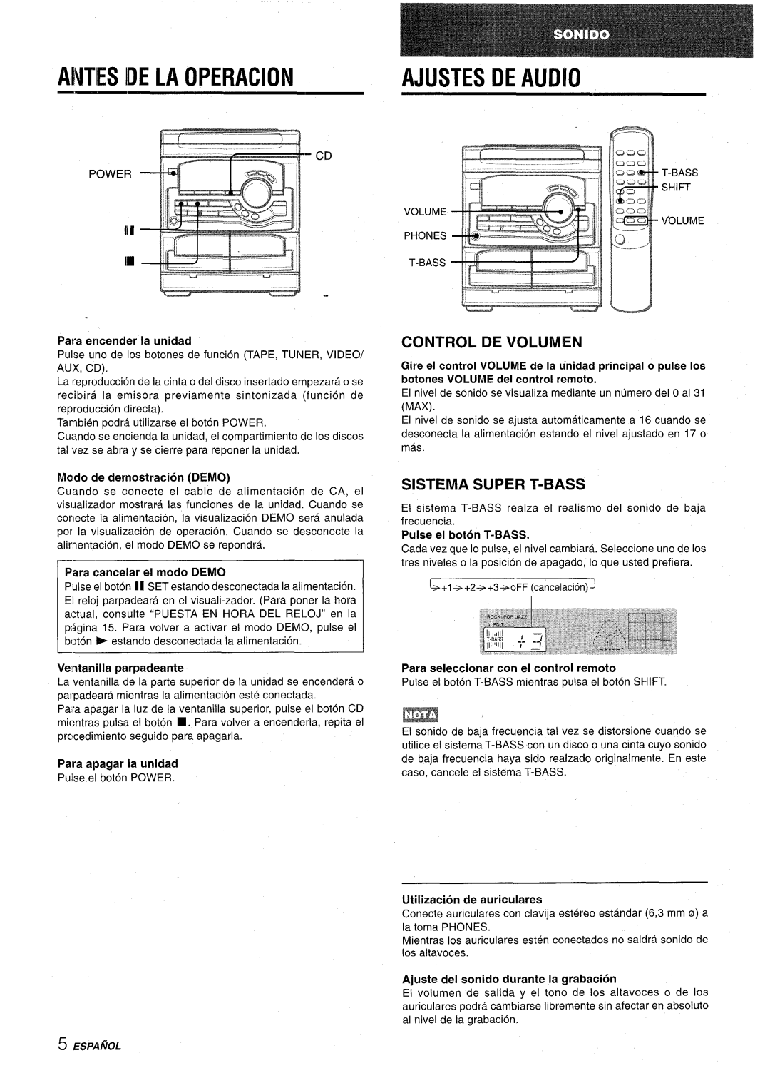 Aiwa CX-NA22 manual Antes IDE LA Operacion, Control DE Volumen, Sistema Super T-BASS, Iii 