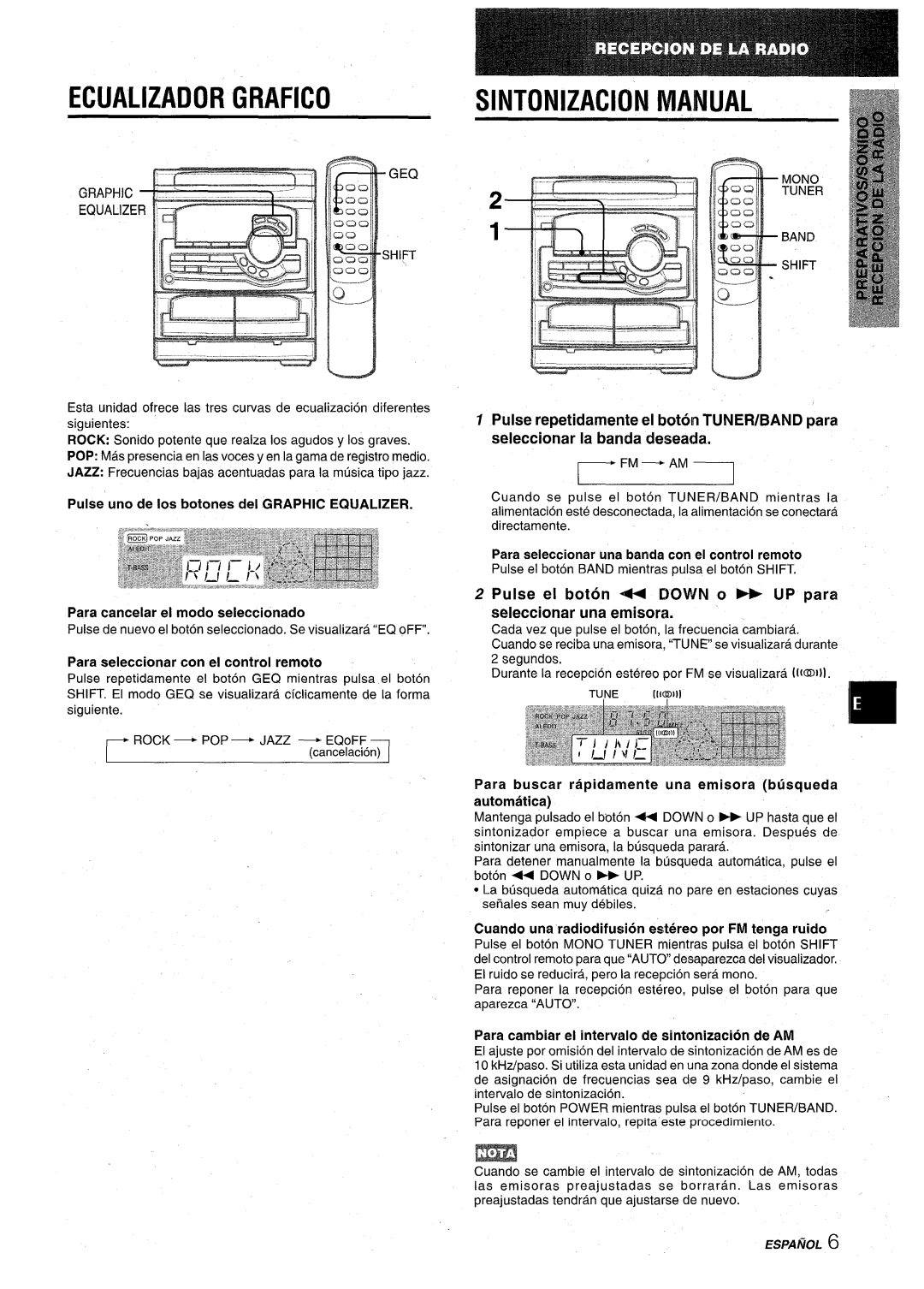 Aiwa CX-NA22 manual Ecualizador Grafico Sintonizacion Manual, Pulse el boton 4+ Down o FF UP para seleccionar una emisora 