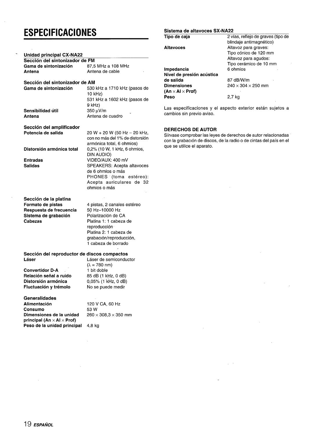 Aiwa CX-NA22 manual Especificaciones, Derechos DE Autor 