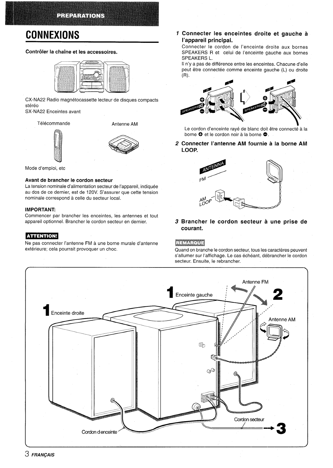 Aiwa CX-NA22 manual Connexions, Contr61er la chatne et Ies accessoires, Avant de brancher Ie cordon secteur 