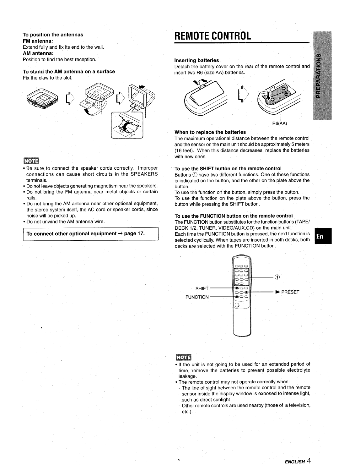 Aiwa CX-NA22 manual Remote Controil, To stand the AM antenna on a surface, To connect other optional equipment+ 